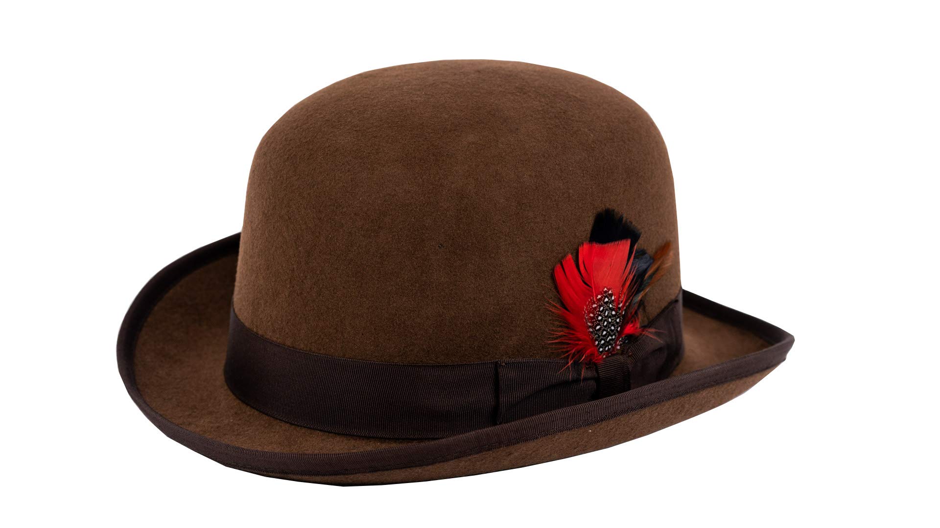 Different Touch Men's 100% Wool Felt Derby Bowler with Removable Feather Fedora Hats (2XL, Brown)
