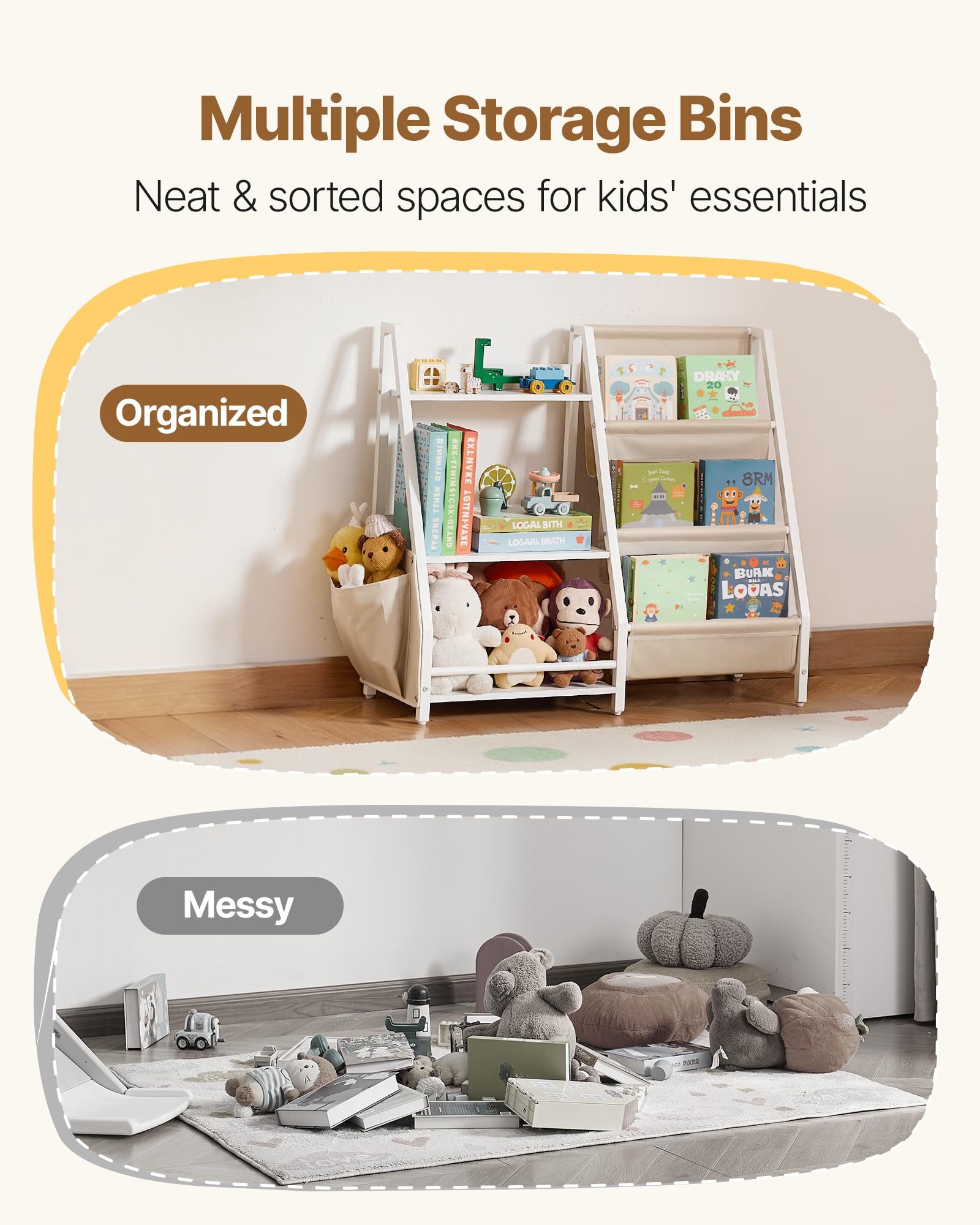 VEVOR Estantería Infantil de 3 Niveles, Estantería 850 x 300 x 755 mm con Soporte para Libros y Bolsa de Almacenamiento, Mueble para Niños para Dormitorio, Habitación Infantil y Salón, Blanco