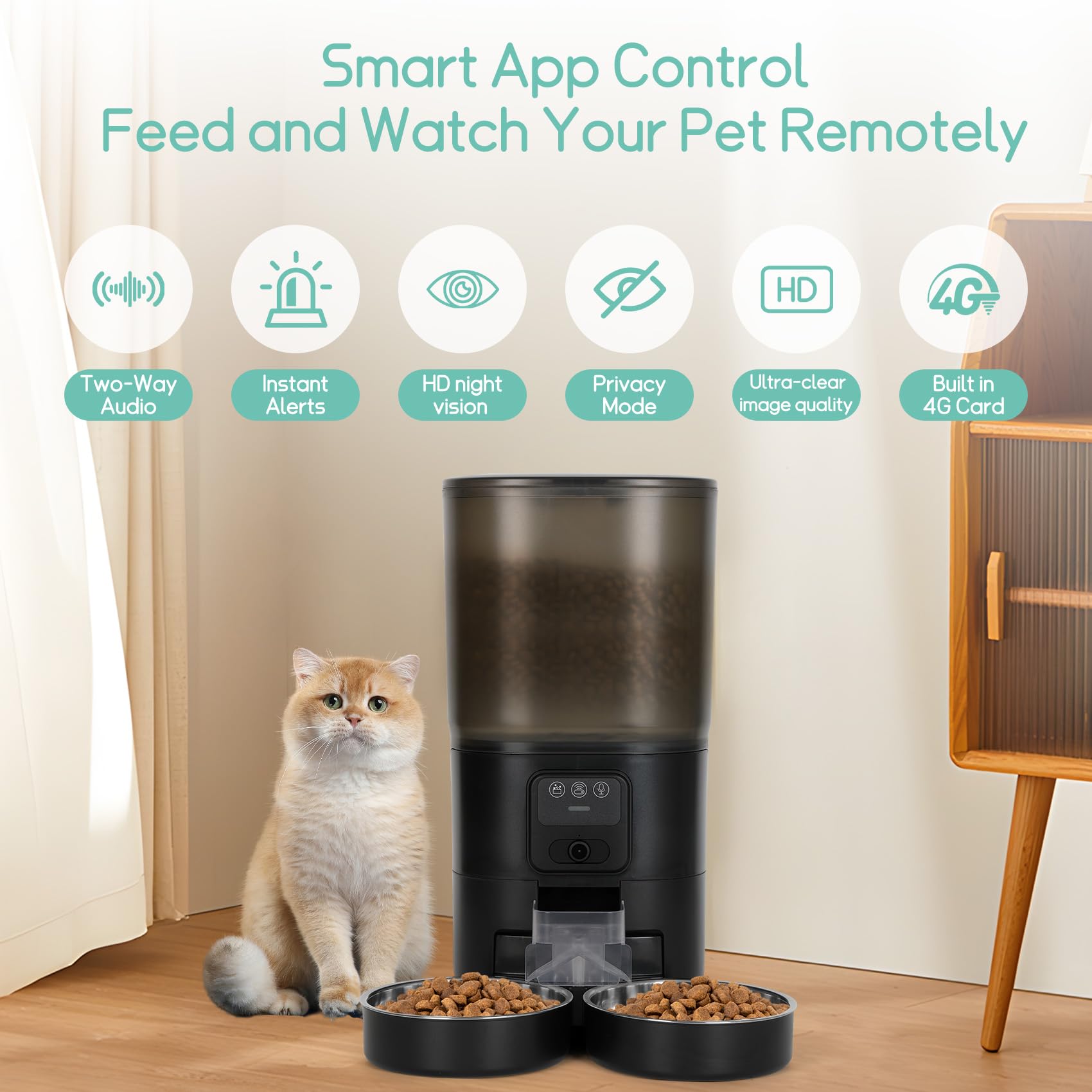 Automatic Cat Feeder with Camera, 7 Litre Dual Bowl Automatic Dog Feeder with HD Video and Night Vision, 2.4G WiFi ，SD Card Storage and Two-Way Audio - image 2