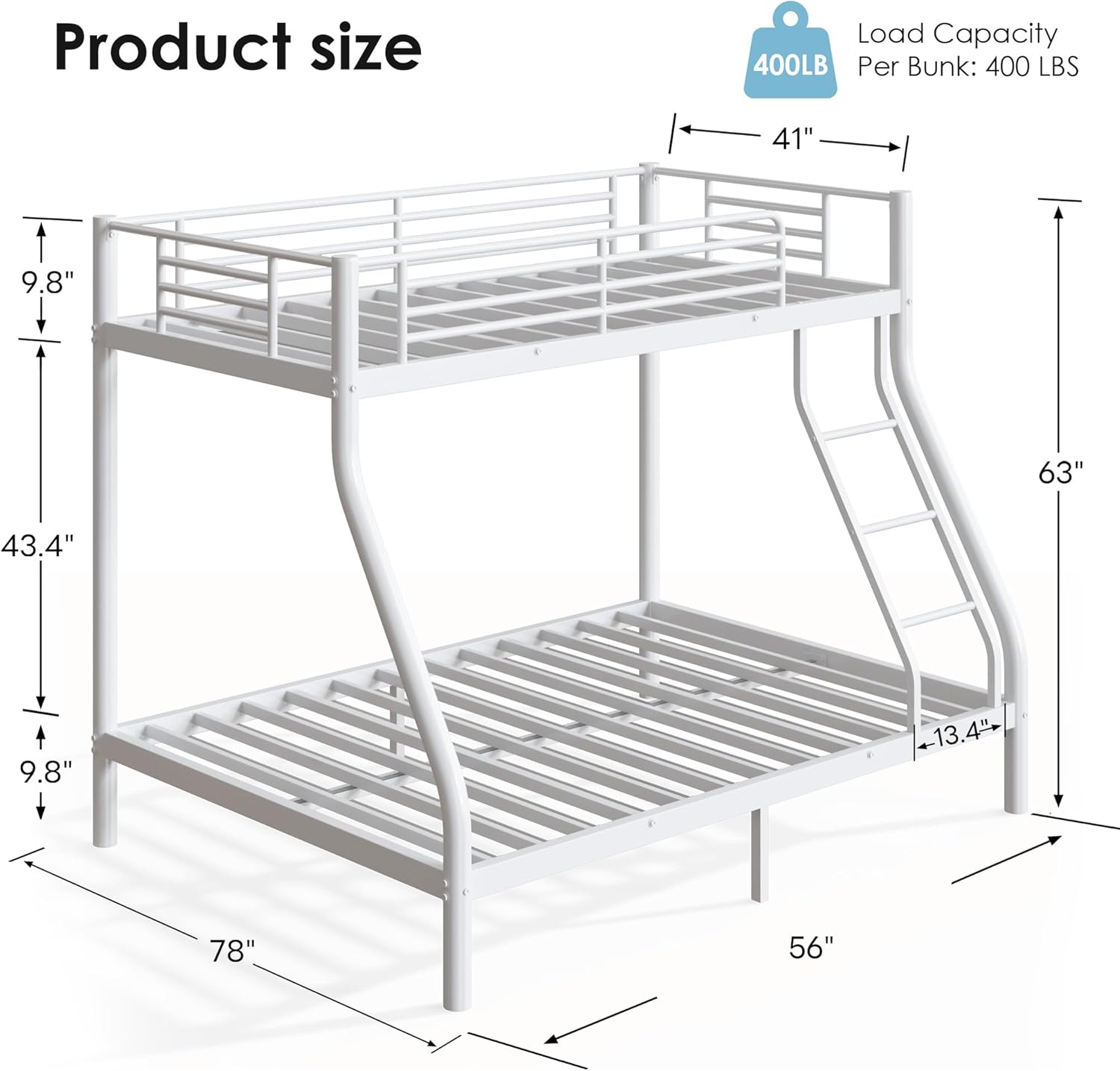 Bunk Beds Twin Over Full Size with 6" Mattresses Included, All-in-One Bunk Bed for Kids/Adults, Heavy Duty Sturdy Frame with Ladder Guardrail, With Memory Foam Mattress, Easy Assembly（White）