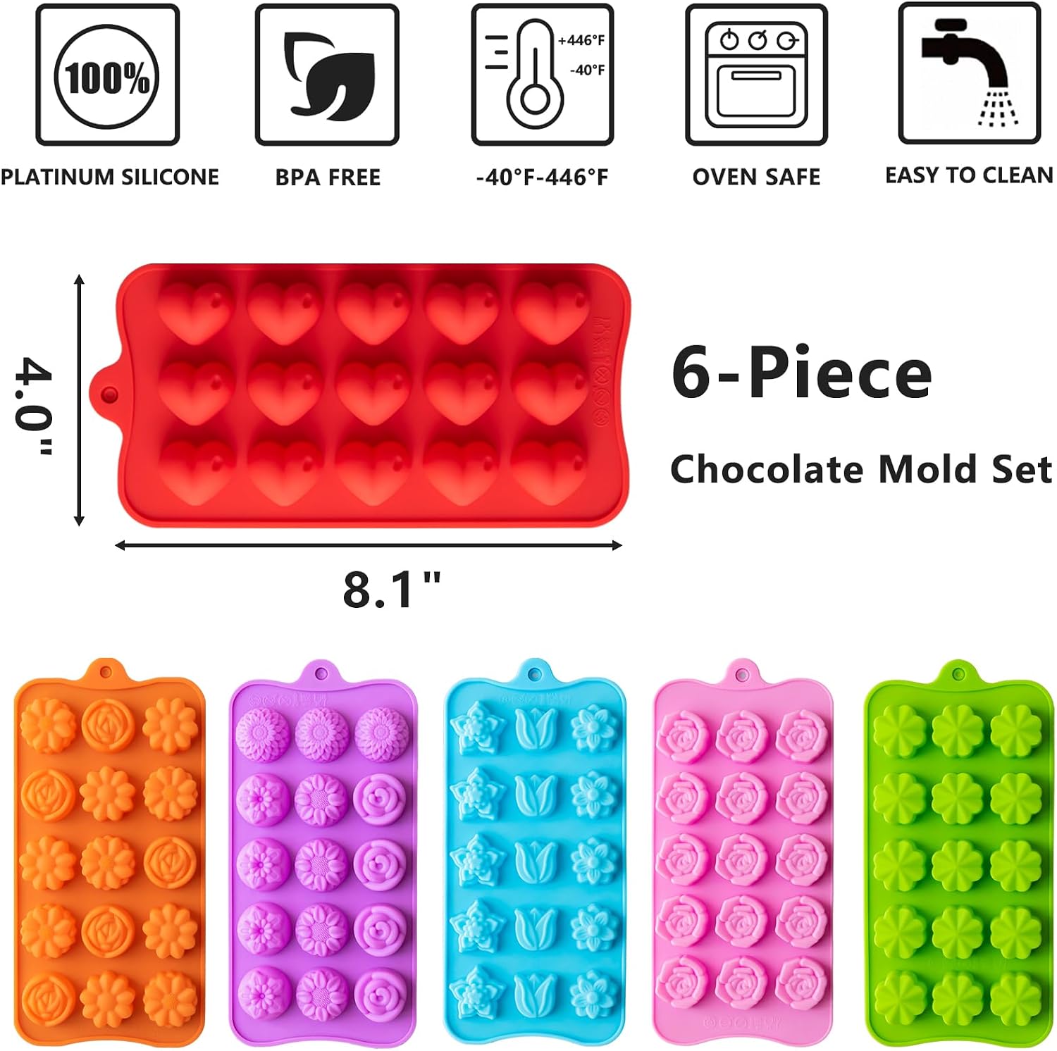 6 Pack Flower Shape Chocolate Candy Molds, Silicone Baking Molds