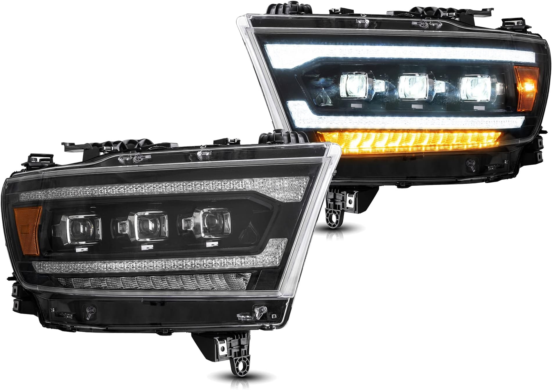 VLAND Projector Led Headlights Compatible with 2019-2024 Dodge Ram 1500 Tradesman, Bighorn, Laramie, Rebel, Lone Star w/Switchback Turn Signal w/Amber Reflector