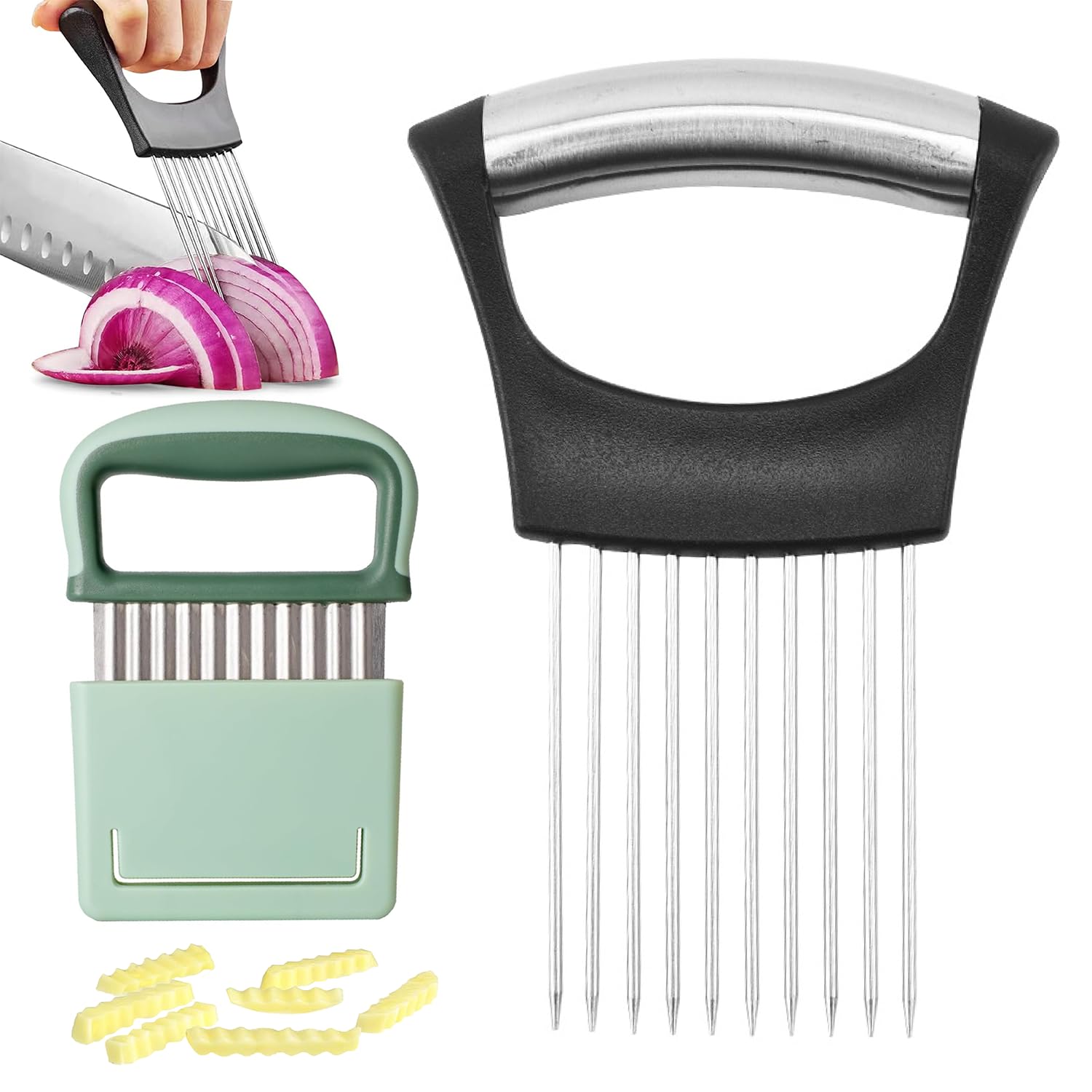 Coupe Oignon et Couteau Ondulé à Frites, Coupe-Oignons en Acier Inoxydable, Porte Tranche Oignons, Couteau Ondulé, Pour Viande, Oignons, Pommes de Terre, Tomates, Citrons