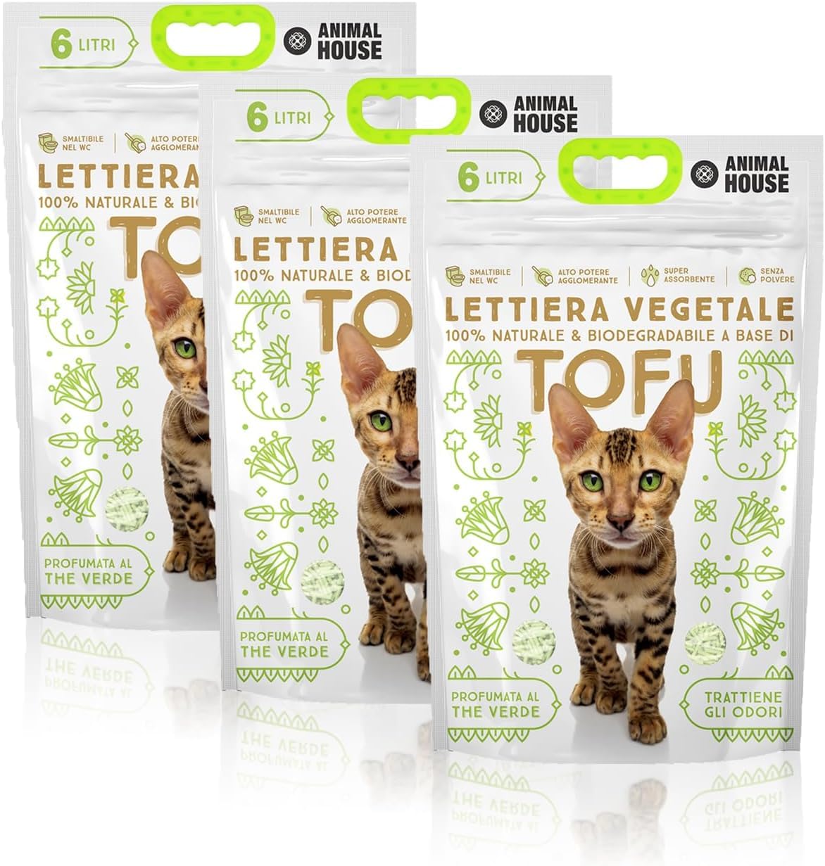 Animal House Natürliches Tofu-Streu, sicher für Mensch und Tier, Kratzfest, staubdicht, mit grünem Tee-Duft, hält Gerüche EIN, ohne die Katzen zu stören, 2,6 kg (3 Beutel)