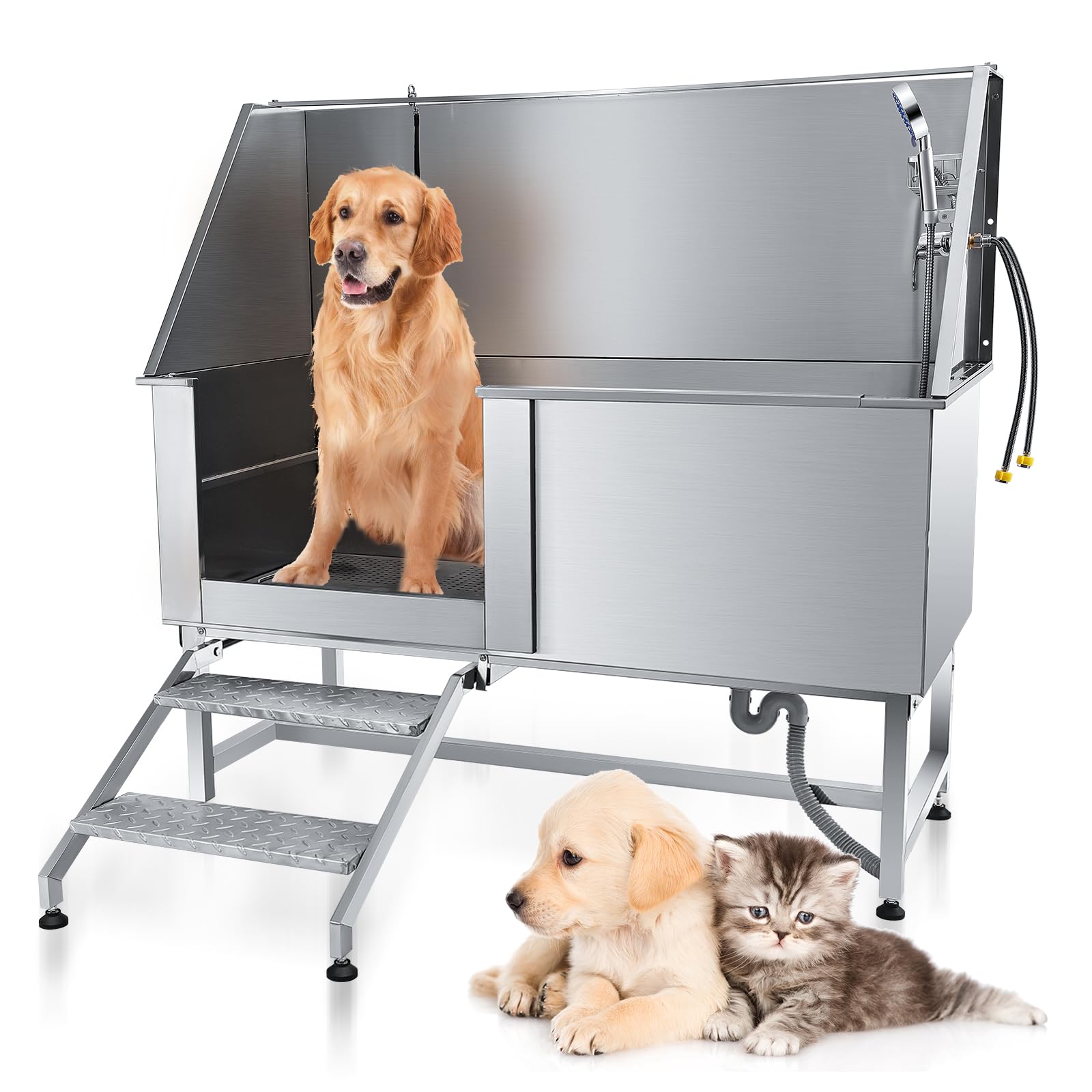 62" Pet Dog Bathing Station,Professional Stainless Steel Dog Grooming Tub,Pet Bathing Tub Dog Bathing Station with Faucet Walk-in Ramp Accessories,Commercial or Household use, (Extra Large)