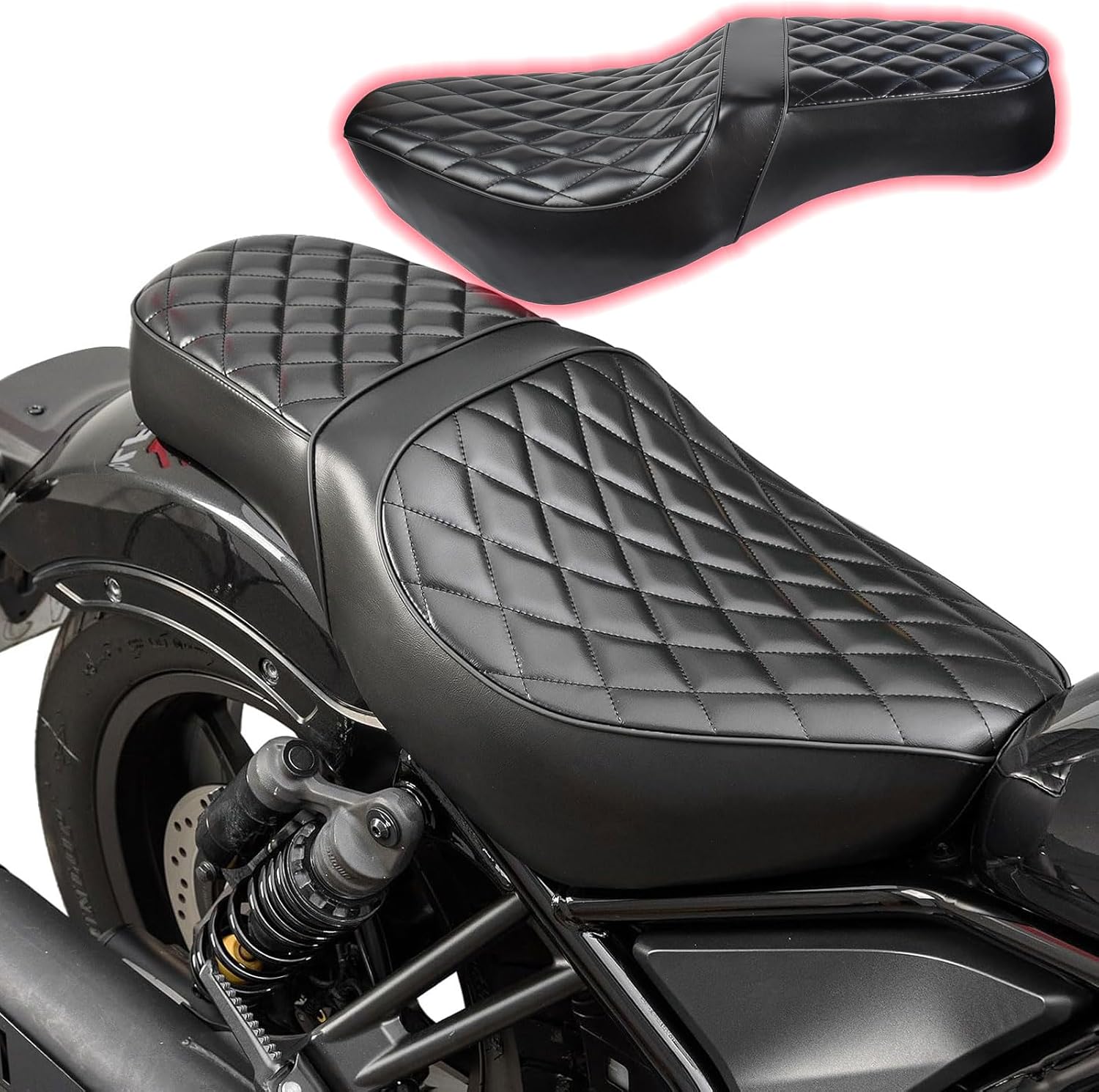 Rider Driver Passenger Seat Two-up Leather Rear Passenger Seat Pillion Comforable Seat fit for Ho-nda Rebel CMX 1100 CMX1100 Rebel1100 Accessories 2021 2022 2023 2024 (Diamond Style)