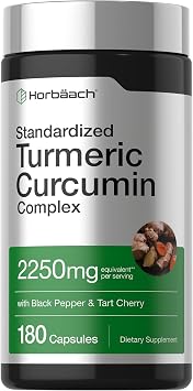 Horbaach Turmeric Curcumin Supplement | 180 Capsules | with Black Pepper & Tart Cherry | Non-GMO & Gluten Free