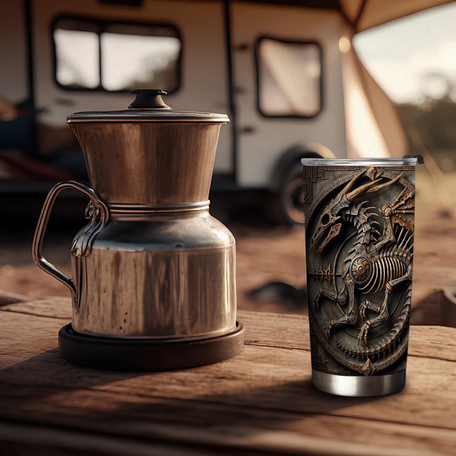 20oz Viking Dragon Fossil Tumbler, Norse Mythology, Viking Gifts for Men, Gaming, Gamers Gifts, Stainless Steel Double Wall Vacuum Insulated Coffee Mug, Travel Cup with Lid