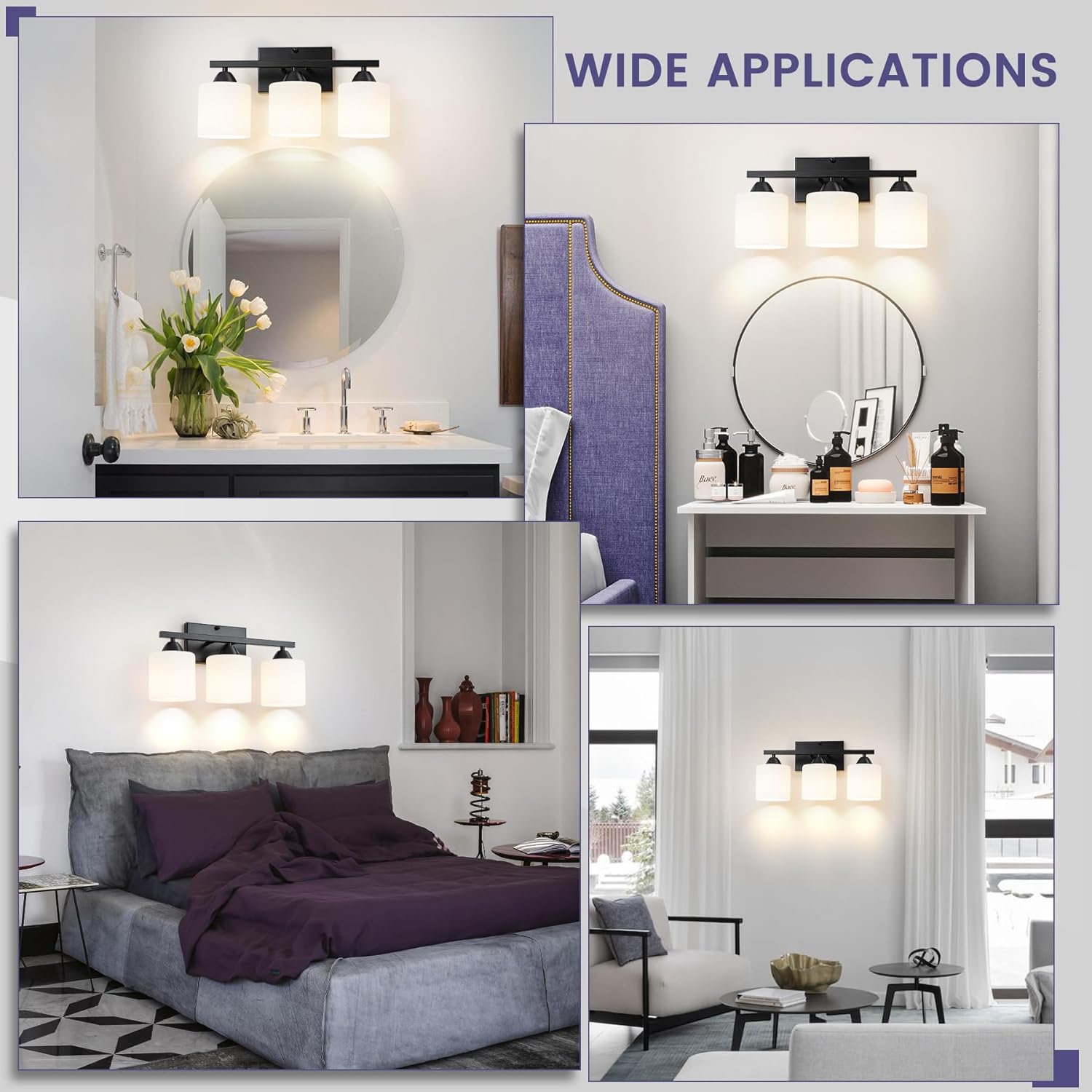 CANMEIJIA Bathroom Light Fixtures Over Mirror, Matte Black 3-Light Vanity Light Fixture, Modern Scones Wall Lighting for Bedroom Living Room, Milky White Glass Shades, E26 Socket, Bulbs Not Included