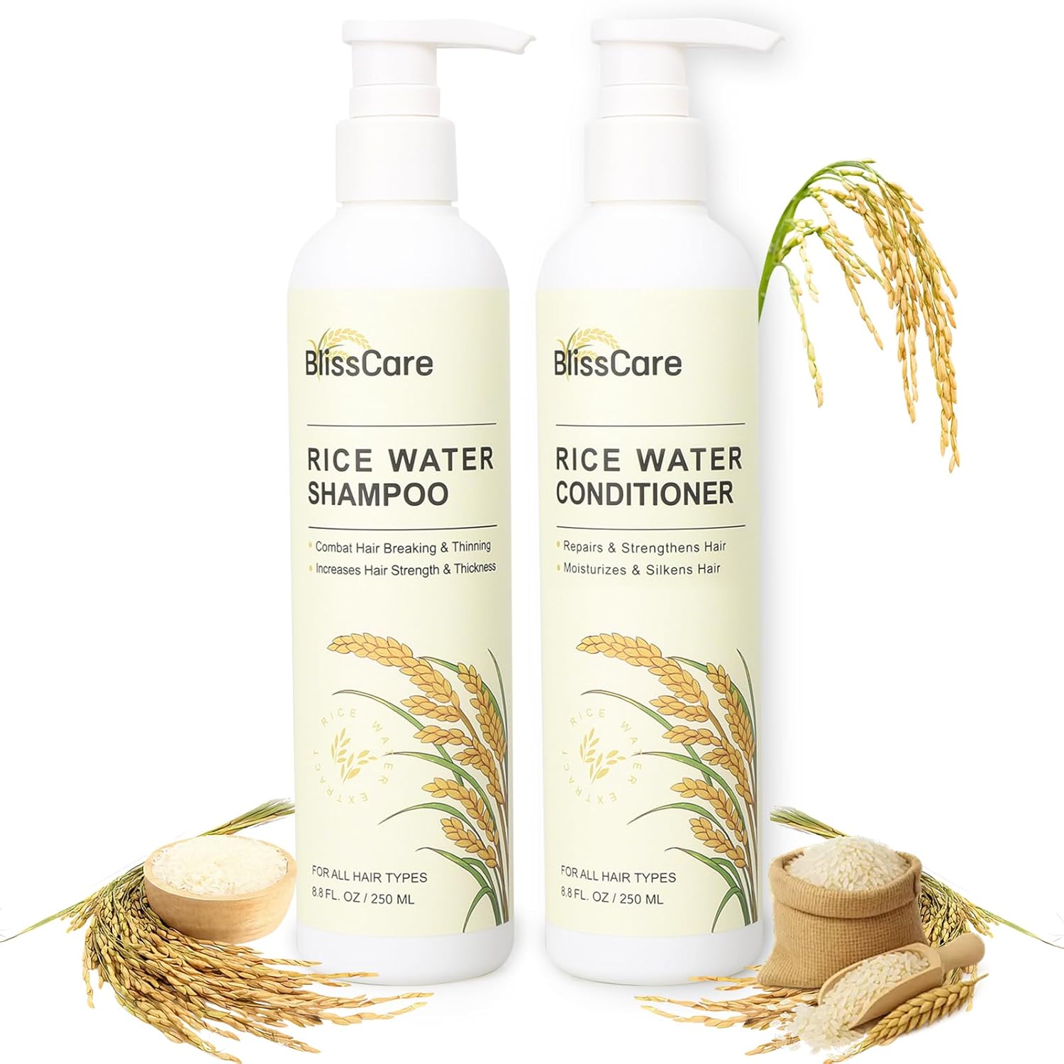 Rice Water Shampoo and Conditioner Set, Strengthen and Revitalize Hair, Nourish Damaged Hair for Women and Men, Hair Care, Restore Shine, Infused with Biotin, Citrus Peel, Rosemary