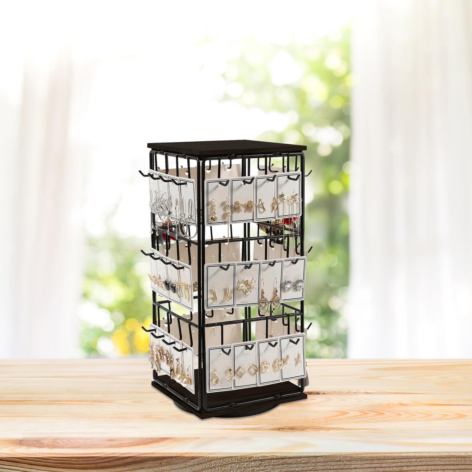 Homoyoyo Soporte para Pendientes de Madera Negro Giratorio 360° Base Compacta, Expositor Organizador para Anillos y Accesorios, Adecuado para Tocador y Venta Minorista