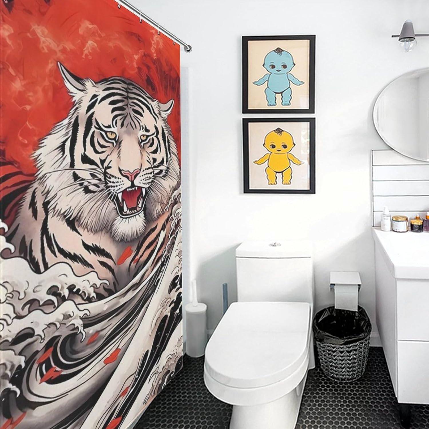 Japanese Cool Tiger Wave Funny Shower Curtains Washable Bath Curtain Liner with Hooks for Bathroom Bath Tubs