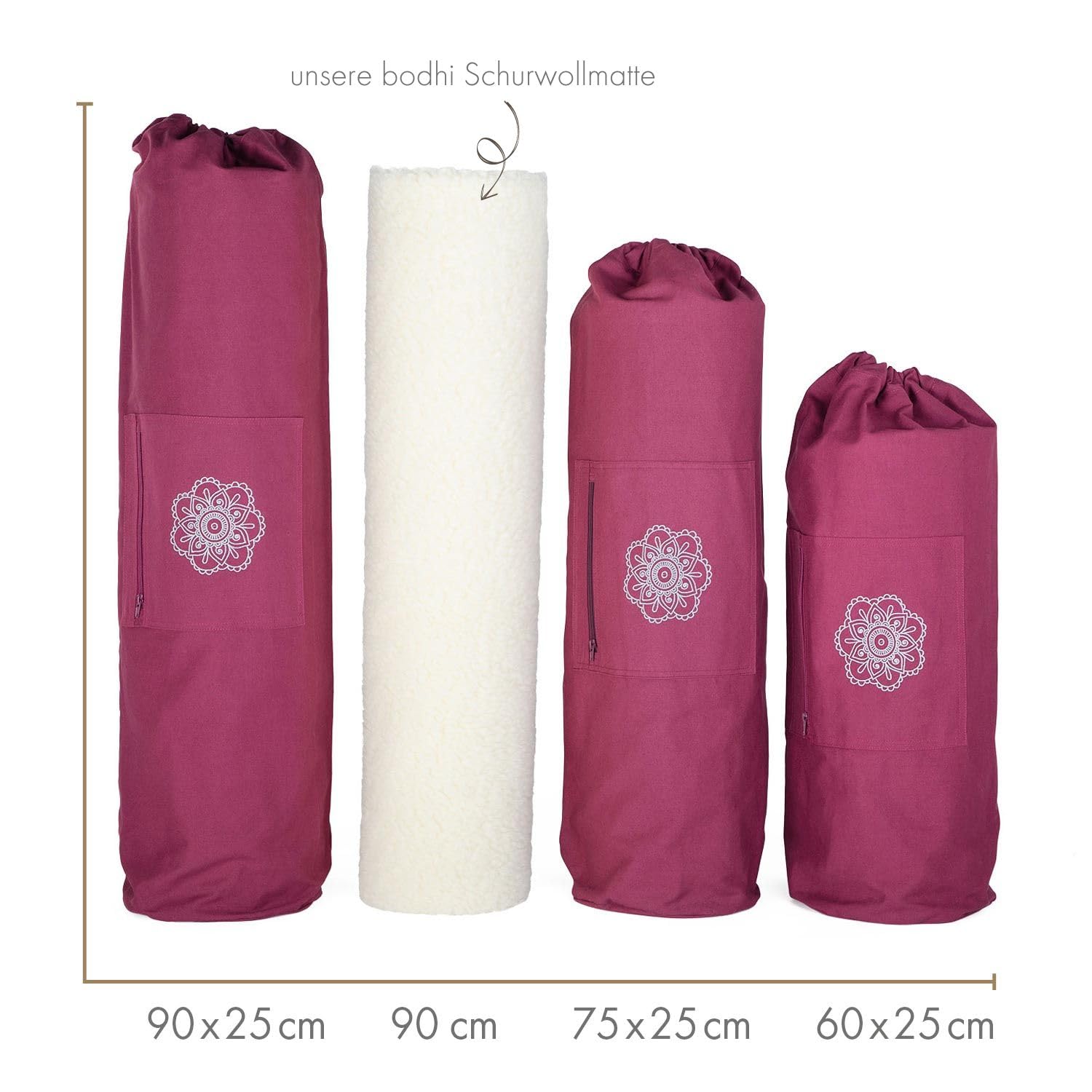 Bodhi SURYA BAG COTTON | Yogatasche groß für Schurwollmatten & Yogamatten | Tasche aus 100% Baumwolle im XL-Format | Sporttasche mit Mandala Design | aubergine