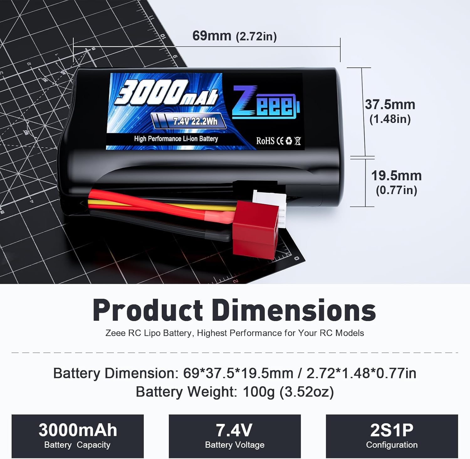Zeee 2S Li-Ion-batterij 7,4V 2000mAh RC-batterij met Deans T-stekker Compatibel met RC-auto's op schaal 1:10, 1:12, 1:16, vierwielaandrijving, snelle RC-auto, RC-boot, RC-vrachtwagens (2pcs