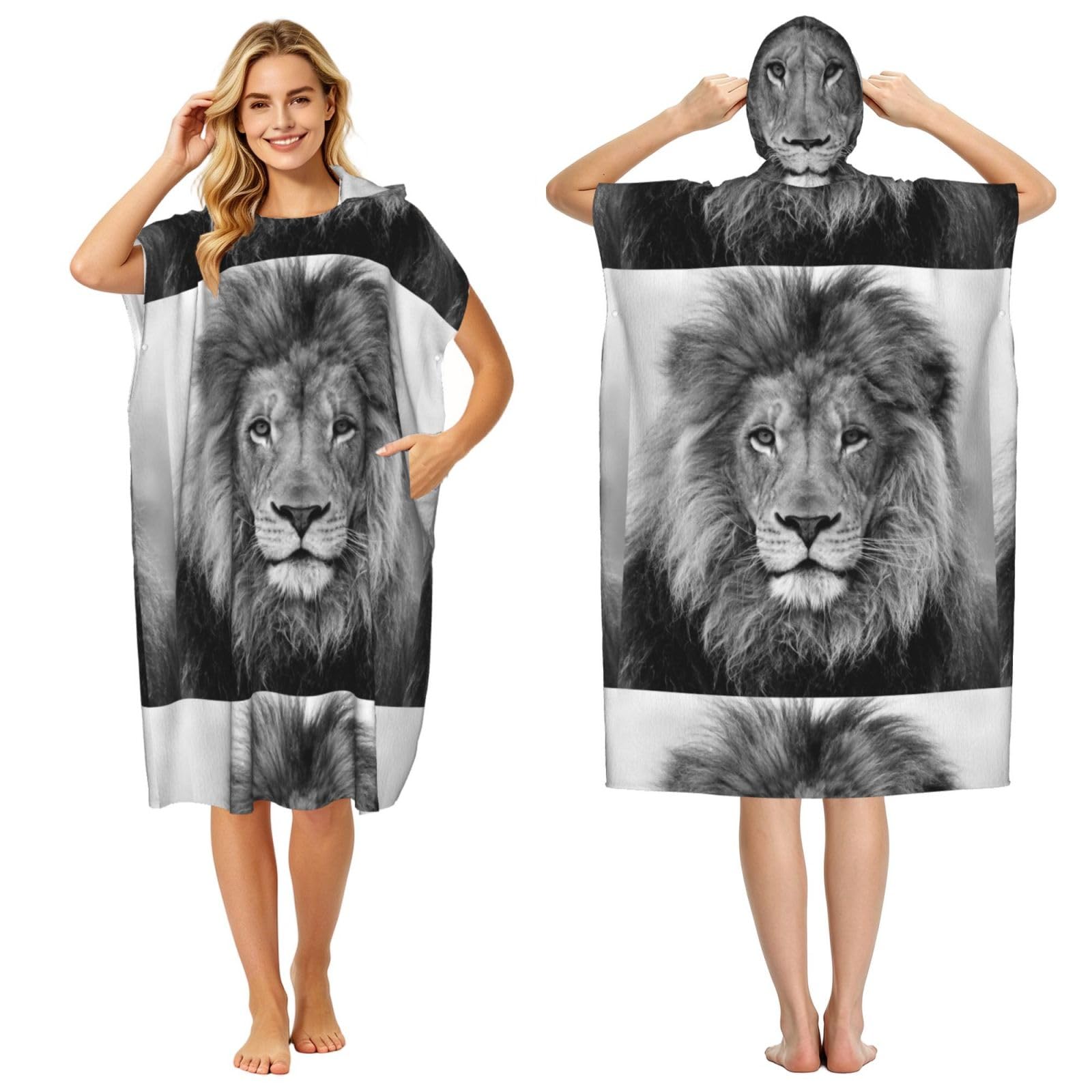 Poadnly Black And White Lion, Adult Hooded Beach Towel 90 x 110 cm,Changing Bath Robe, Surf Poncho Towel For Women Men
