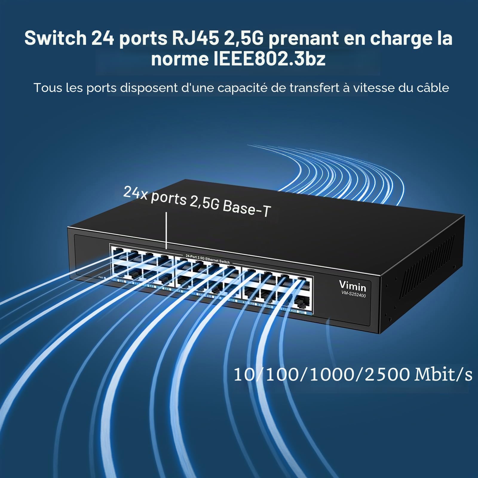 2,5Gb Switch 24 Port, Commutateur Ethernet 2,5G Non Géré, 24 Ports 2,5 Go Base-T Commutateur RéSeau Plug & Play, 2,5 Gigabit Switch Compatible avec 10/100/1000/2500 Mbps