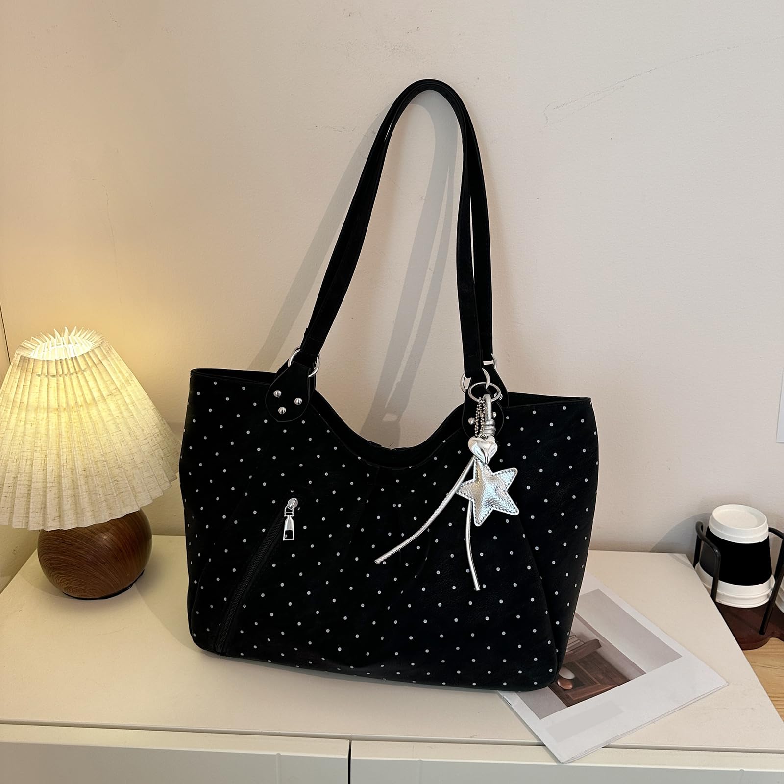 Bolso de mano de piel sintética con lunares con colgante estrella, bolso bandolera espacioso estilo para diario y trabajo