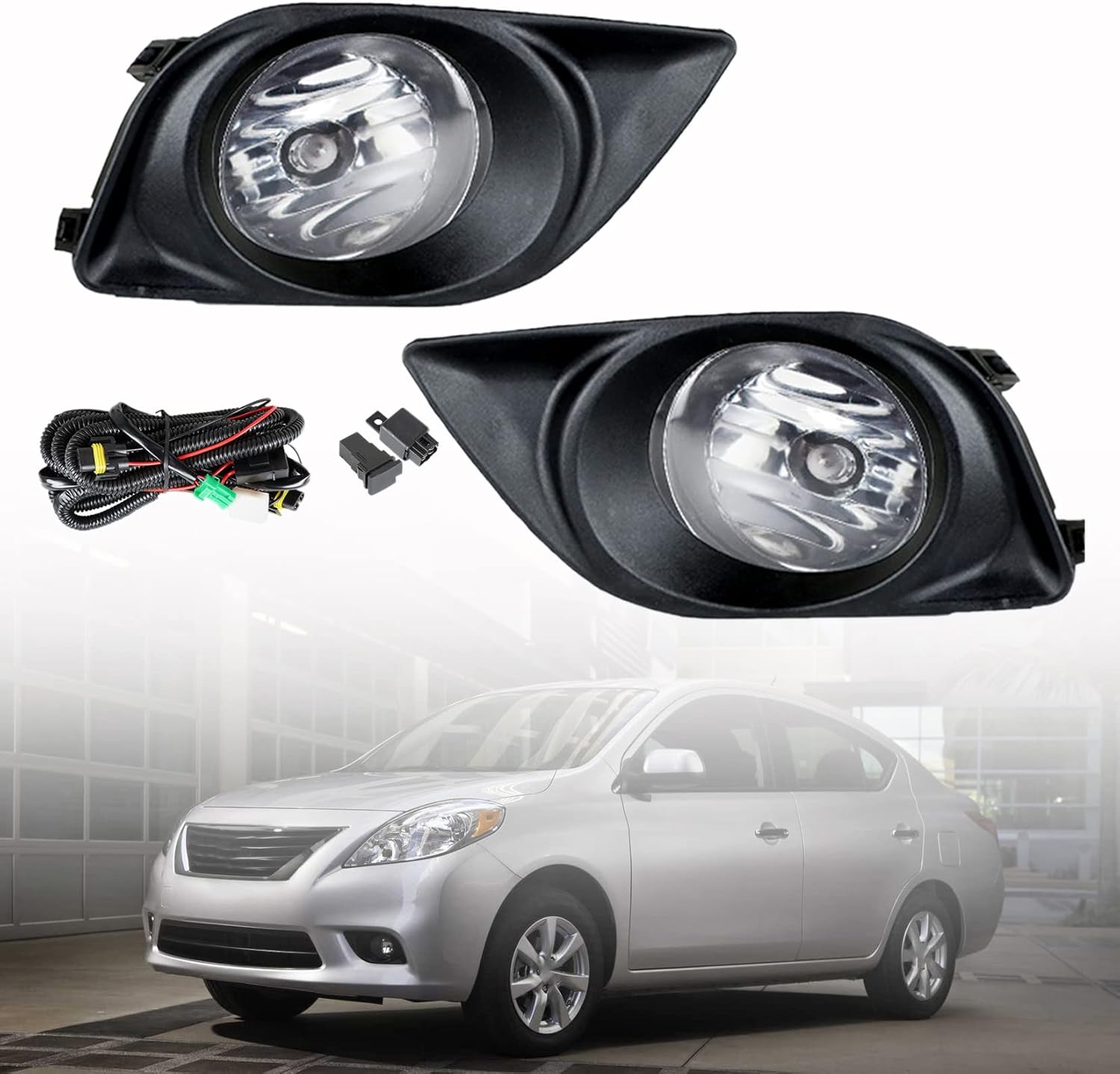 1 Pair of Clear Lens Fog Lights Assembly with Wiring and Switch Kit Replacement for Ver-sa Sedan 2012-2014