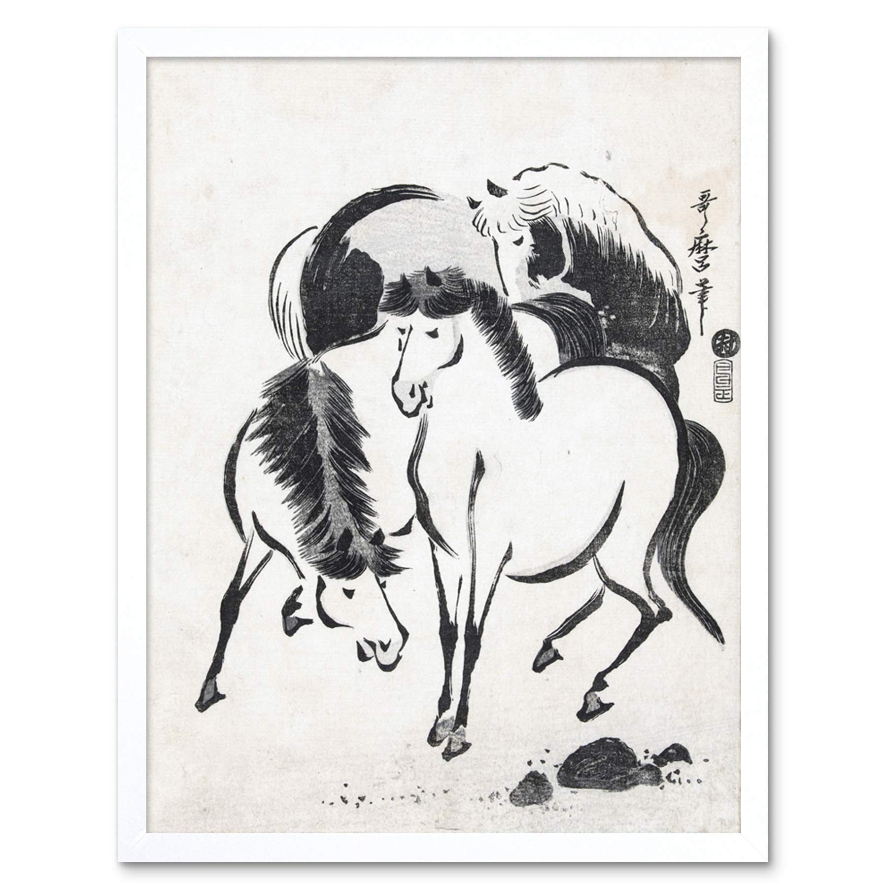 Artery8 Kitagawa Utamaro Three Horses Japanese Drawing Art Print Framed Poster Wall Decor 12x16 inch