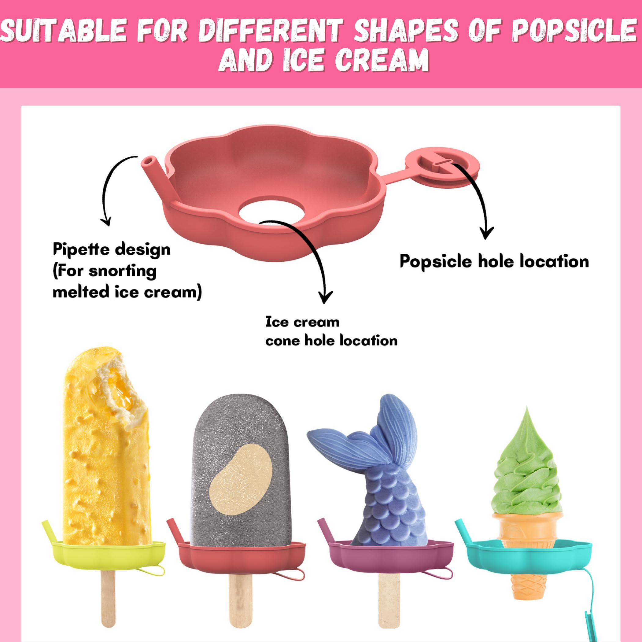 Silicone Ice cream-Popsicle holder for kids with straw,2 IN 1 Reusable/Mess-free/Leak-Proof manages melting frozen treat, Perfect for Summer Parties, Outdoor Picnics(Pack of 4)