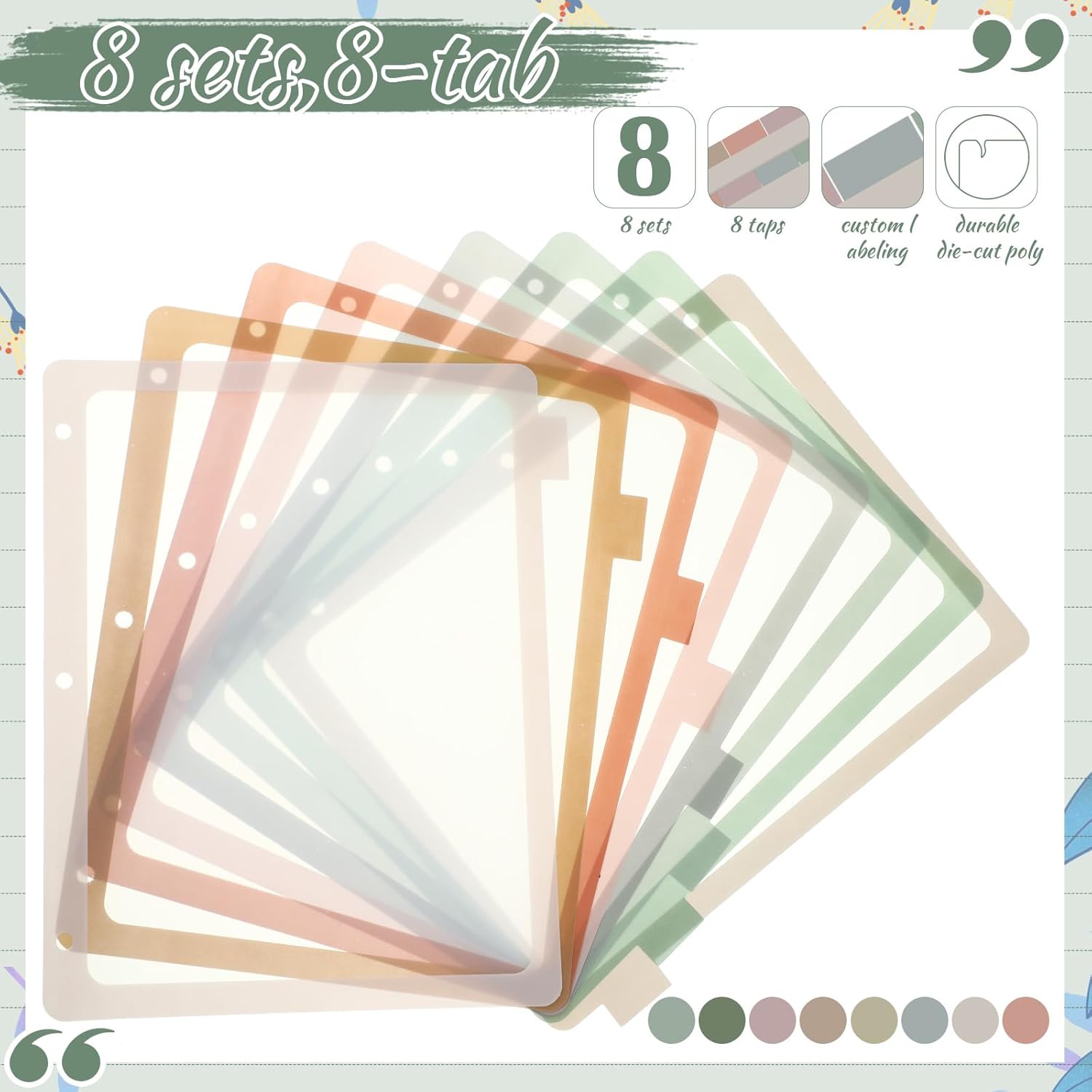 8 Sets 8 Tab Binder Dividers for 3 Ring 8.5 x 11 Inch Plastic Binder Dividers with Tabs Multicolor Letter Size Page Dividers 3 Hole Punch Clear File Organizer for School