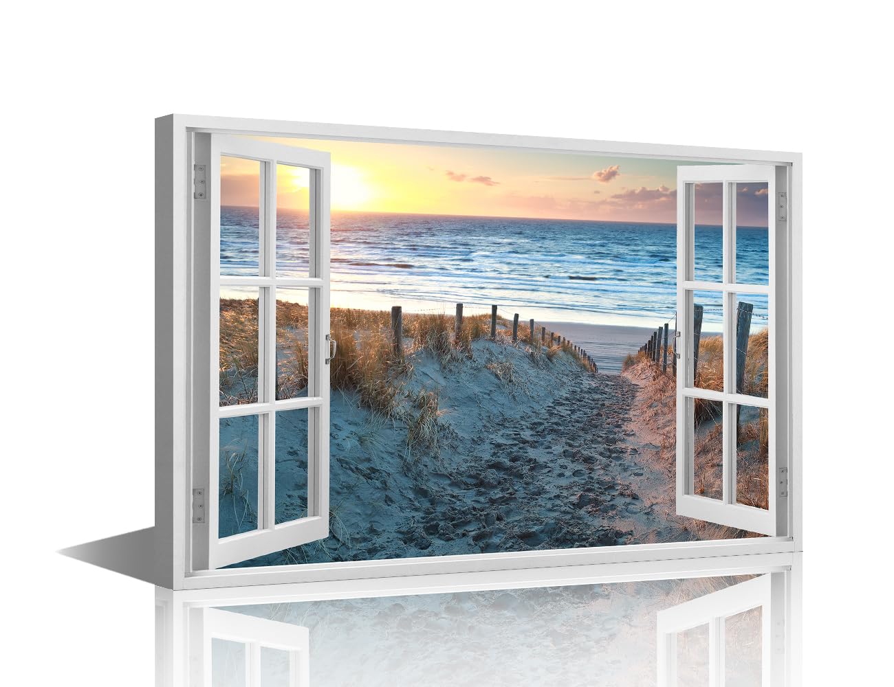 TISHIRON Wall Paintings for Living Room 3D Window View Dune Fence Modern Office Wall Art Large Wall Decor Beach Canvas Wall Art for Bedroom Artwork Giclee Framed Ready to Hang, 24x16in
