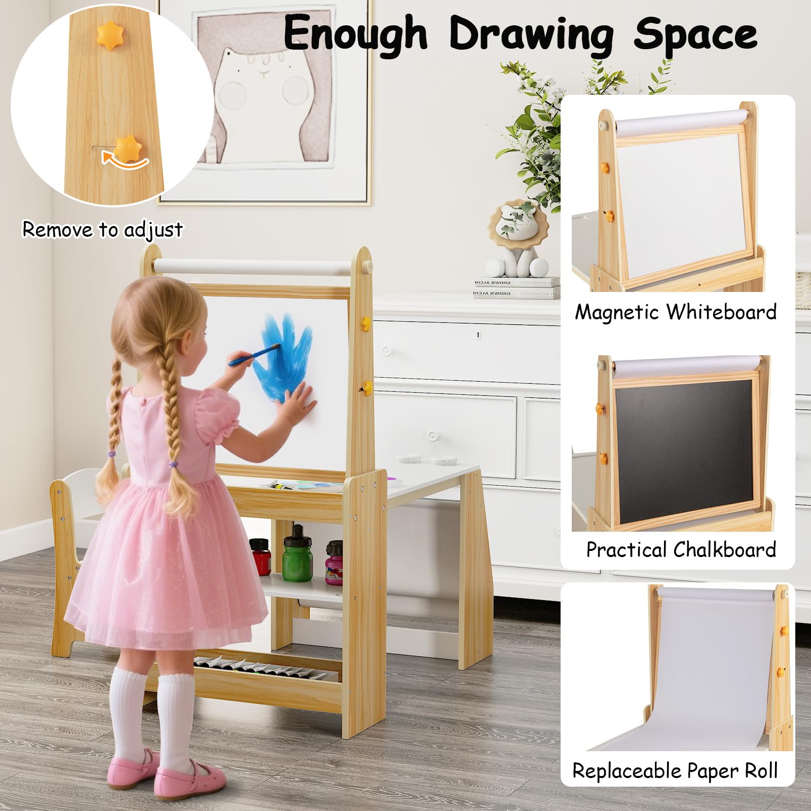 LIFEZEAL Tavolino e Sedia per Bambini, Tavolo da Disegno con Lavagna a Doppia Faccia, Rotolo di Carta, Sacchi Portaoggetti, Sedia Ergonomica con Schienale (naturale)