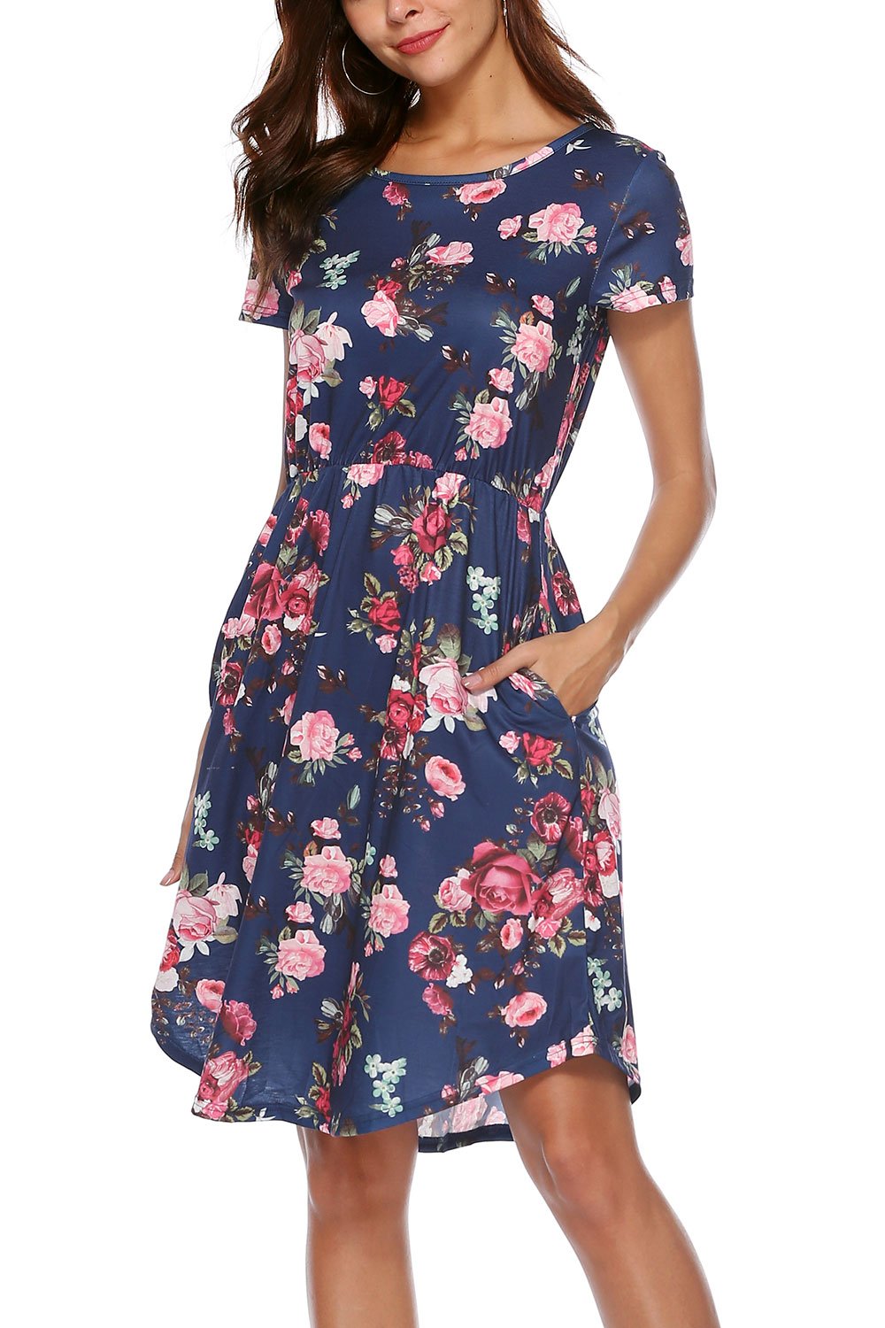 NICIAS Women Floral Polka Dot Tunic Casual Swing Midi Dress with Pockets