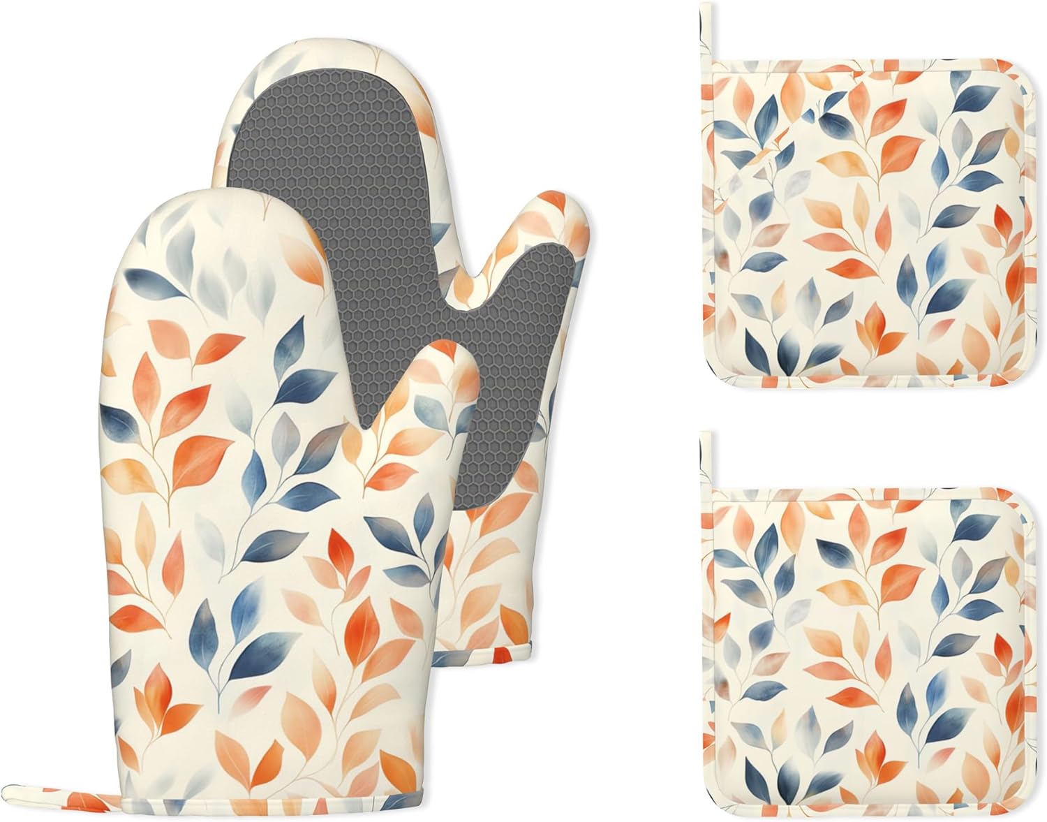 Autumn Leaves Heat-Resistant Silicone Oven Mitts and Pot Holder 4 Piece Set,Non-Slip Kitchen Oven Gloves for Baking, BBQ, Cooking,Grilling