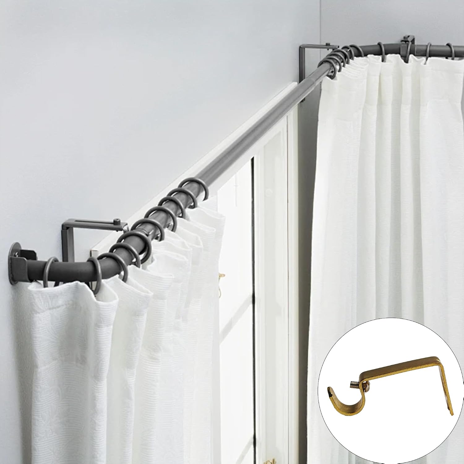 2Pcs Curtain Rod Brackets for 1/2 or 5/8 inch Rods, Wall Mount Curtain Rod Holders for Window Curtains and Drapes(Fixed, Gold)