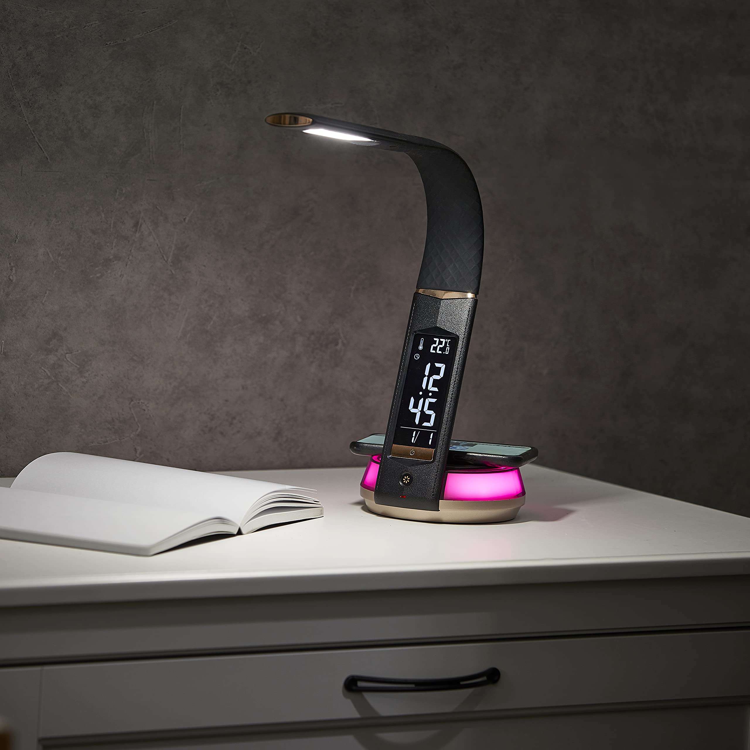 LED Schreibtischlampe Mit QI-Ladestation, CCT, RGB Moodlicht, Touch-Wecker