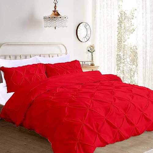 Pinch Pleated 3pc Duvet Cover Set 100% Egyptian Cotton 1000 Thread Count Zipper & Corner Ties Rectangle Pattern Decorative Pintuck Pillow Shmas (120X98 Oversize King, Red)
