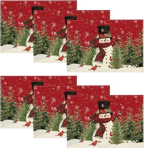 Artoid Mode Juego de 6 manteles individuales de Navidad con diseño de muñeco de nieve, cardenales, árboles, para mesa de comedor, 12 x 18 pulgadas,