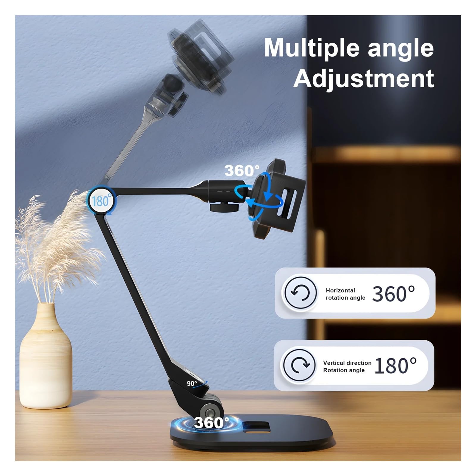 Supporto for telefono ruotabile a 360°, supporto da scrivania pieghevole | Supporto for telefono girevole a 360°, pieghevole, base antiscivolo, for telefoni/tablet, in alluminio(Black)