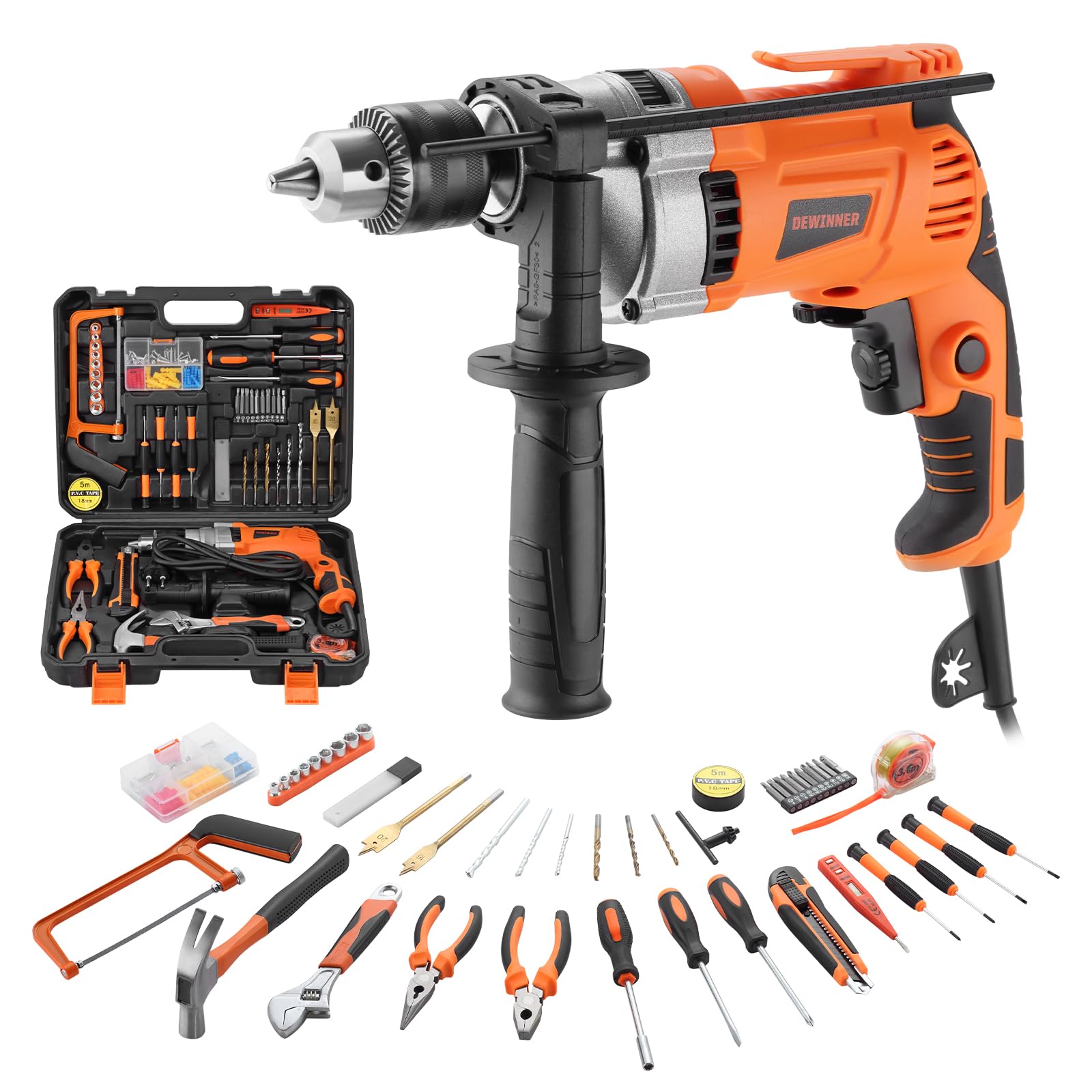 DEWINNER Hammer Drill 910W 0-3000RPM, Electric Corded Hammer Drill with 115 PCS Complete Tool Box, Variable Speed, 13mm Chuck, 2 in 1 Function, for Concrete, Iron Plate, Masonry and Wood,Carring Case