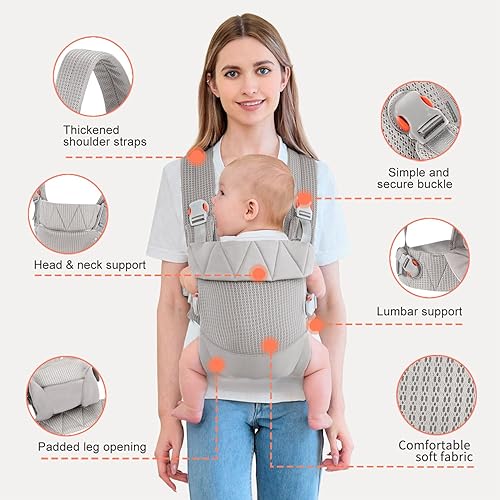 Miniatura 2 de Portabebés para recién nacidos, portabebés para recién nacidos a niños pequeños, arnés ergonómico con soporte para la cabeza, gris claro