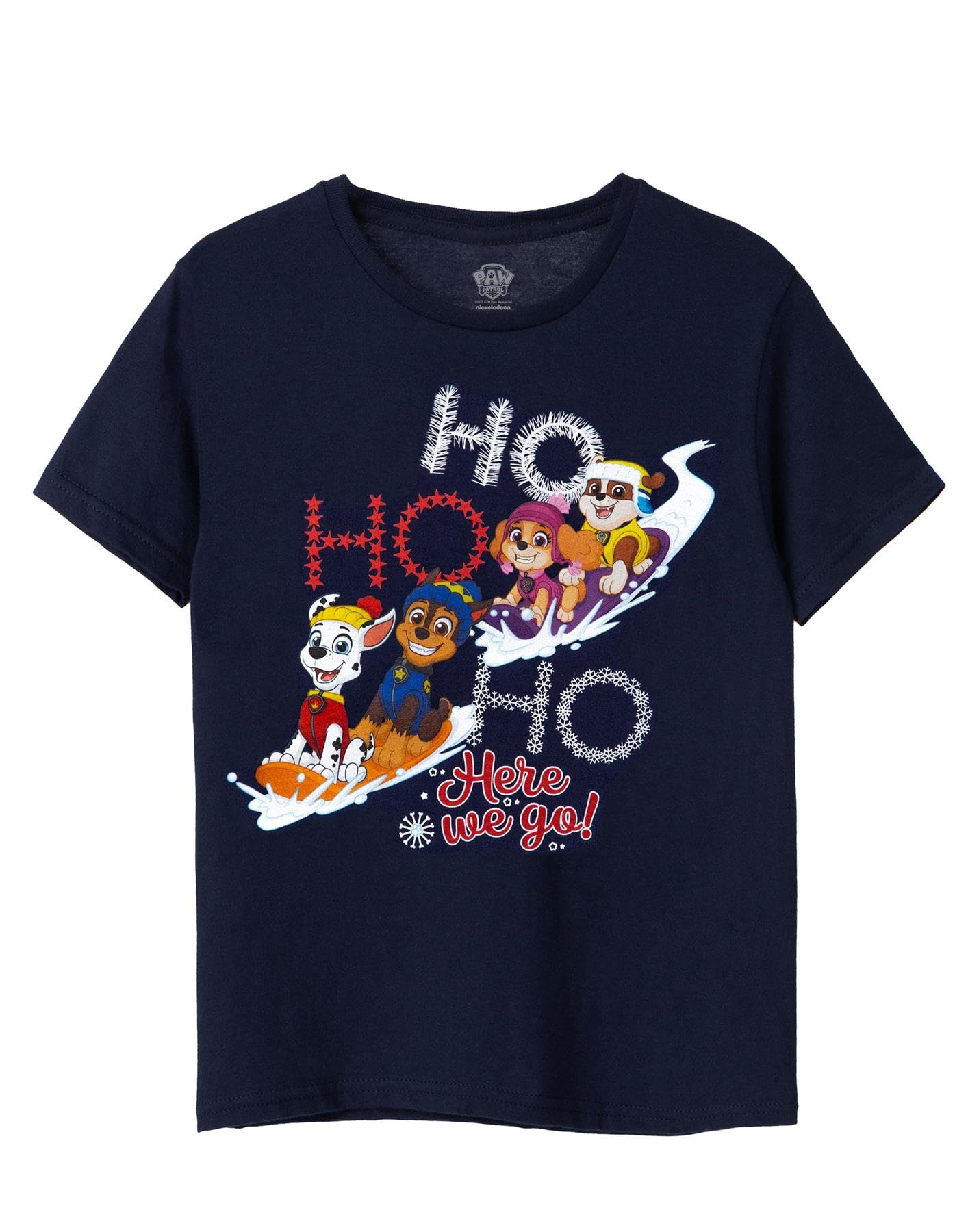 Paw Patrol Boys Navy Kids T-Shirt In Blue | Christmas Graphic Tee For Children | Ho Ho Ho Here We Go Short Sleeve Top | Festive Holiday Chase, Marshall, Rubble & Skye Merchandise Gift For & Girls