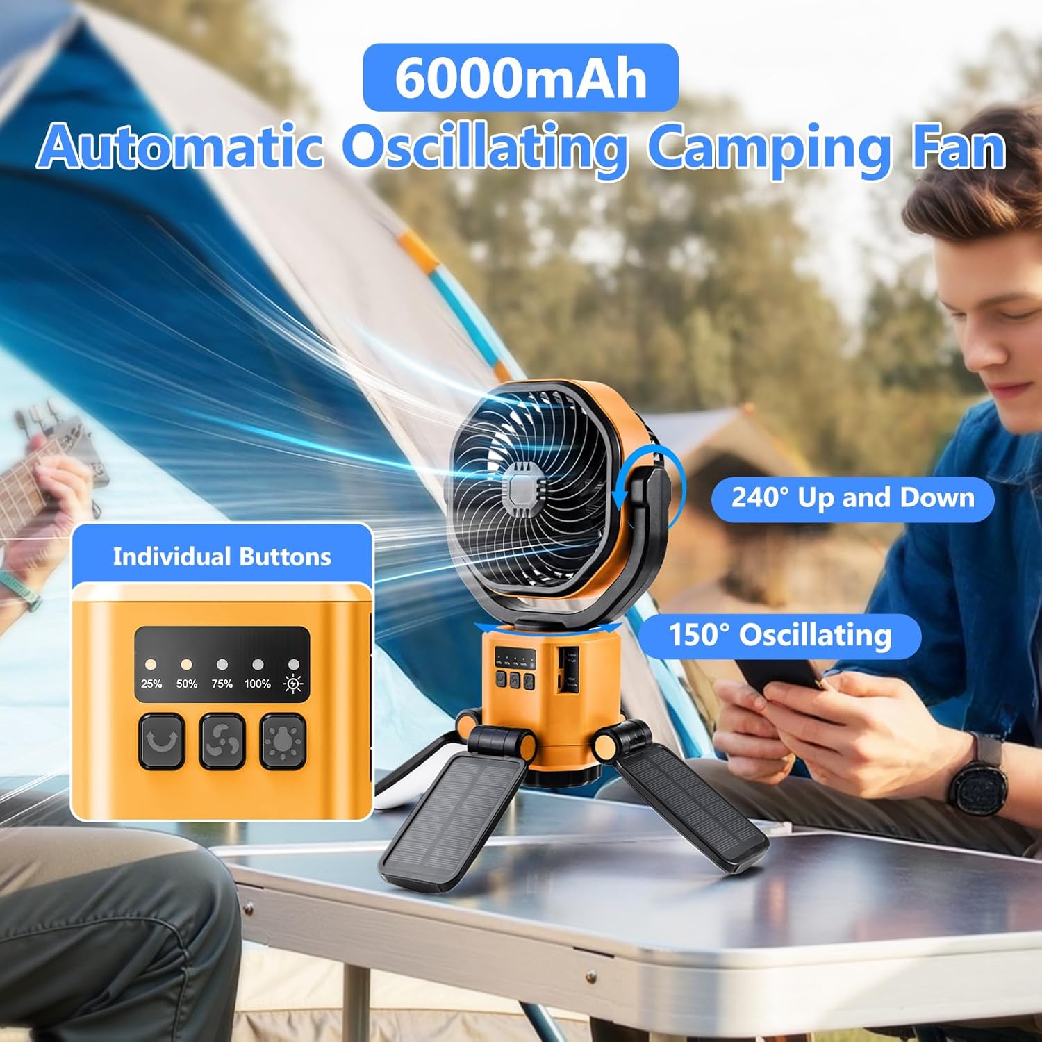 Solar Camping Fan Rechargeable,6000 mAh Battery Powered Automatic Oscillating Tent Fans with 4 Solar & LED Light Panals,Portable Camping Essentials for Canopy,Fishing,Travel,Outdoor,Yellow - Image 3