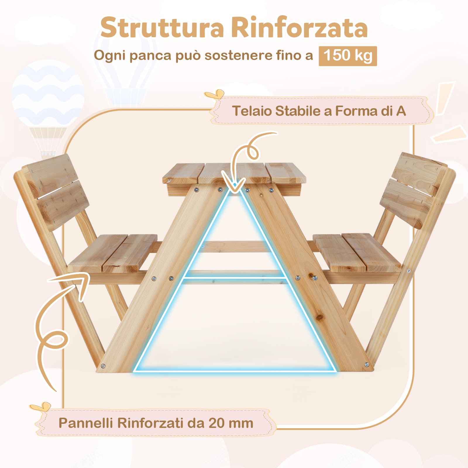 COSTWAY Tavolo da Picnic per Bambini in Legno con 2 Panche Integrate | Set di Tavolo e Sedie per Attività all'Aperto, Mobili per Bambini 3+ Anni per Cortile, Patio e Giardino