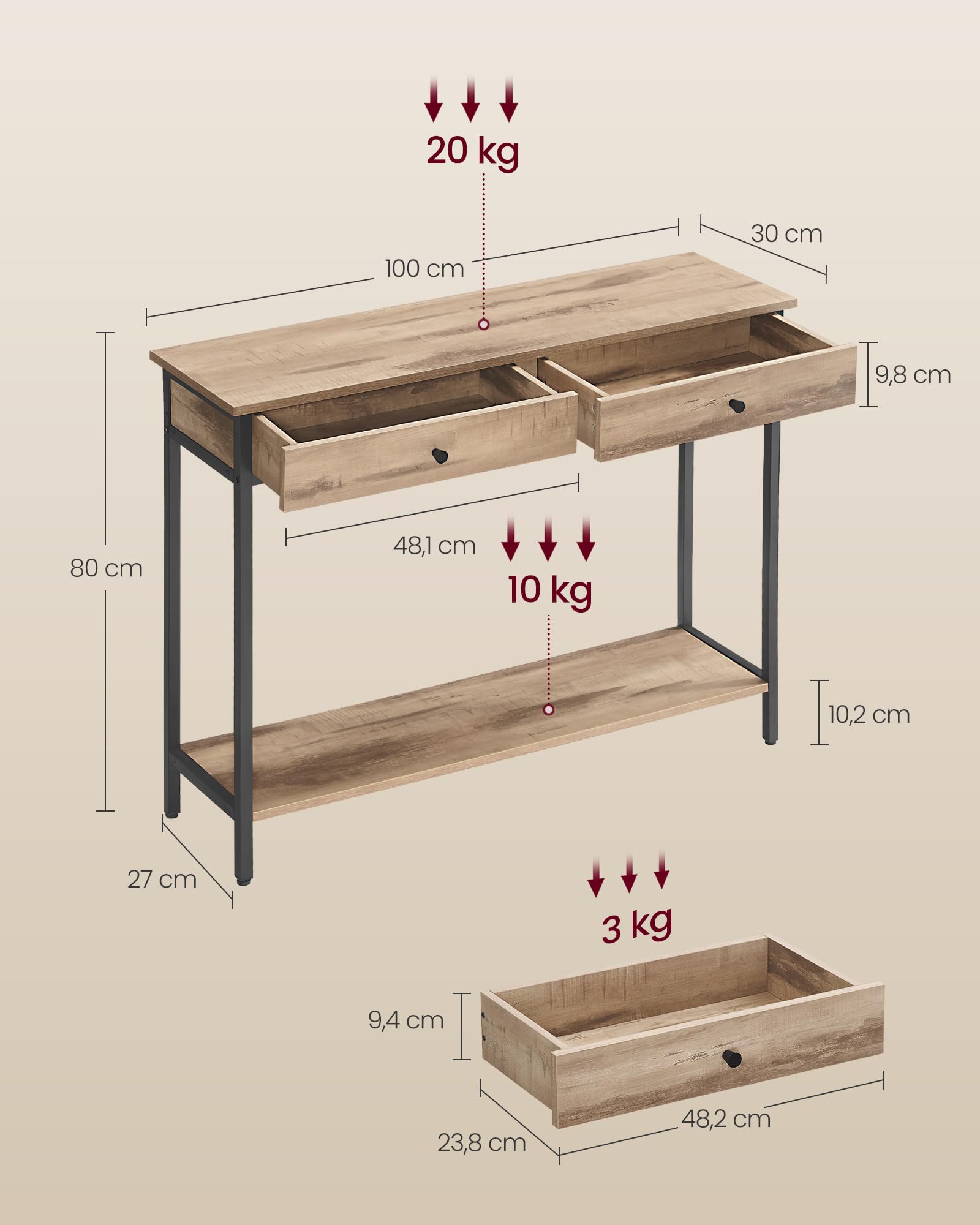 VASAGLE Consoletafel, Salontafel met 3 planken, plank van gehard glas, 100 x 30 x 73 cm, Stalen frame, Modern voor hal woonkamer, Zwart LGT027B01
