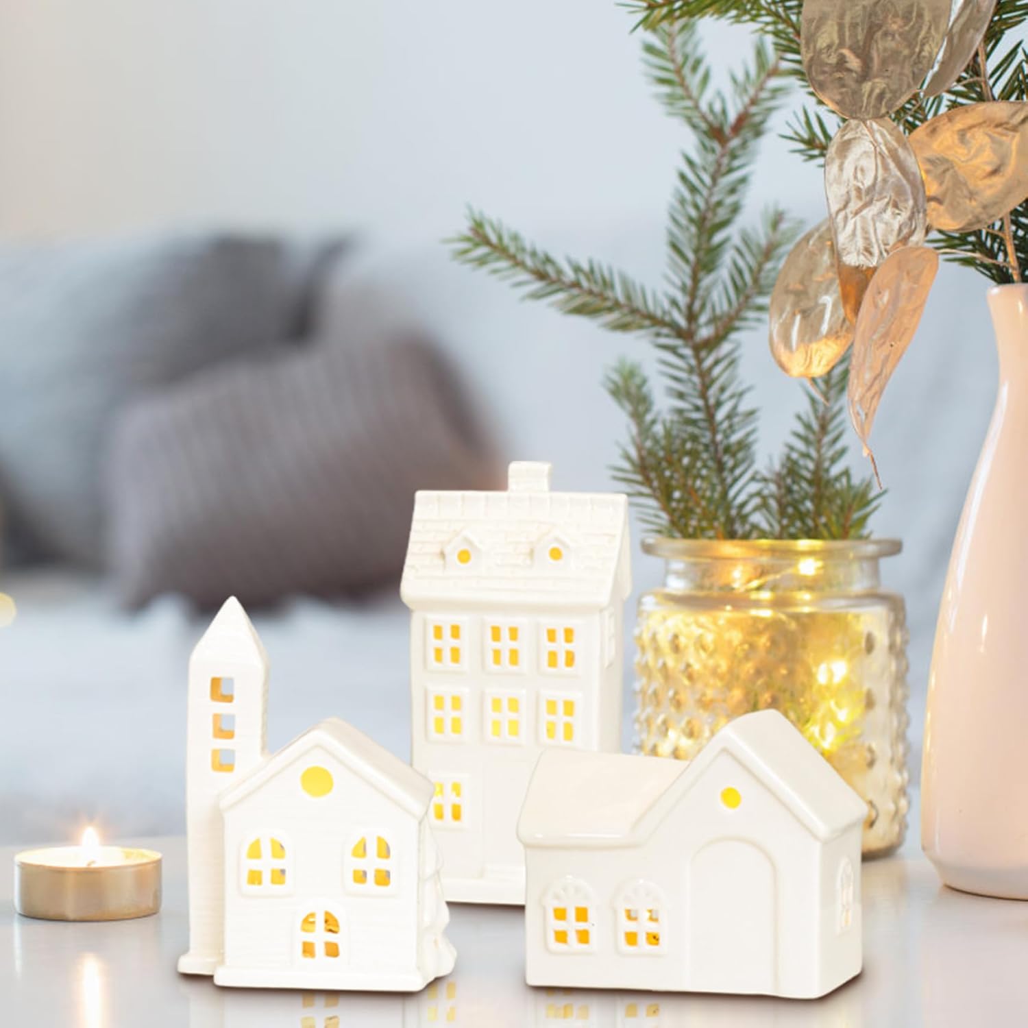 3Pcs Christmas Village Houses White Ceramic Christmas Village Figurines Creative Candle Holder for Winter Xmas Holiday Party