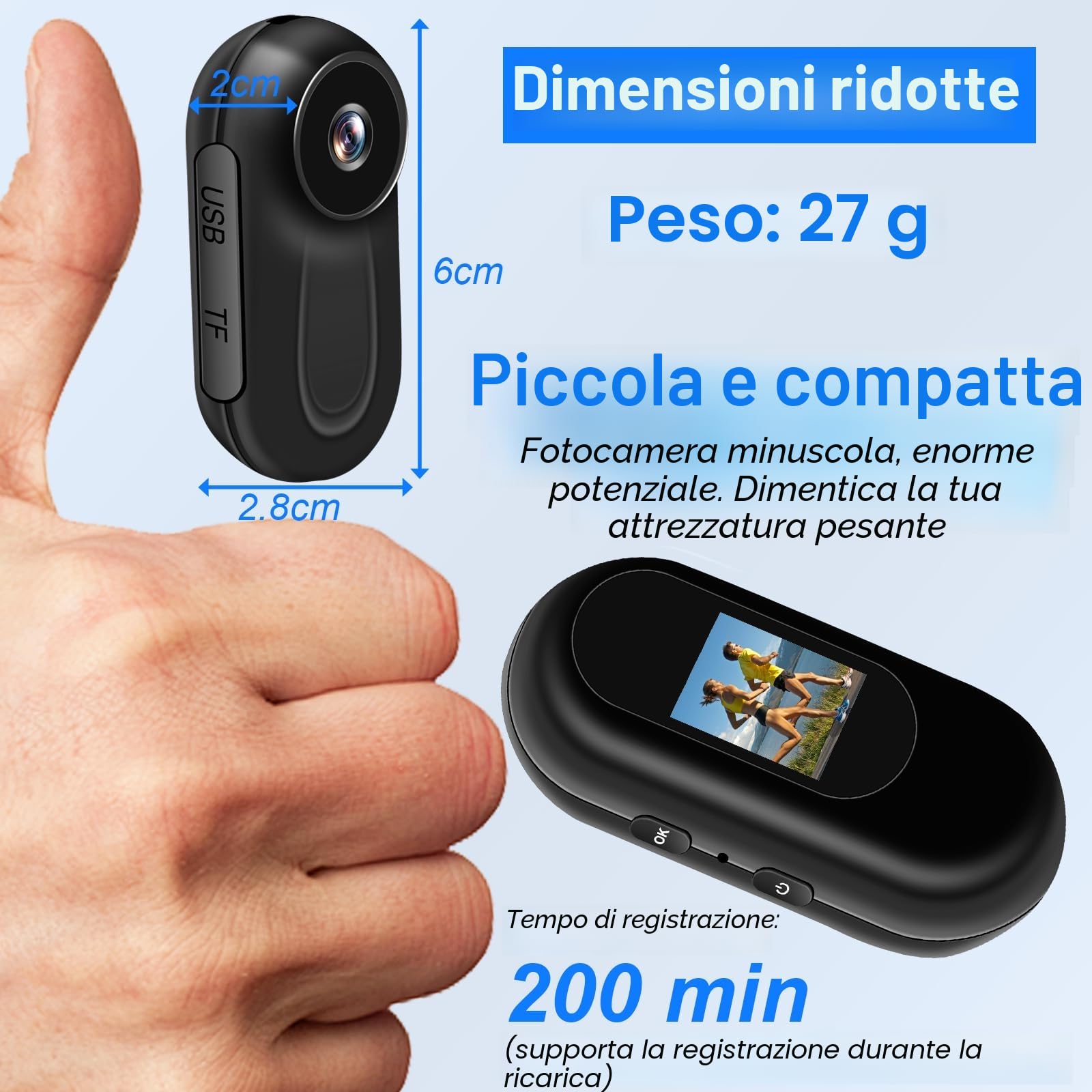 Action Cam,Fotocamera Sportiva Portatile a 360°,HD 1080P Mini BodyCam con Audio e Video Videocamera,Telecamera da Casco/Moto Action Camera Animali Esterno