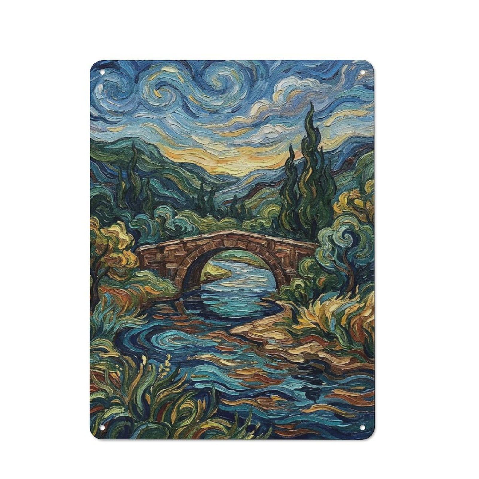 Junmoney Style-12 Tin Wall Plaque 40X30cm With Impressionist Bridge Over Water For Hobby Room Or Studio, For Kitchen, Dining Room And Home Bar Wall Decor
