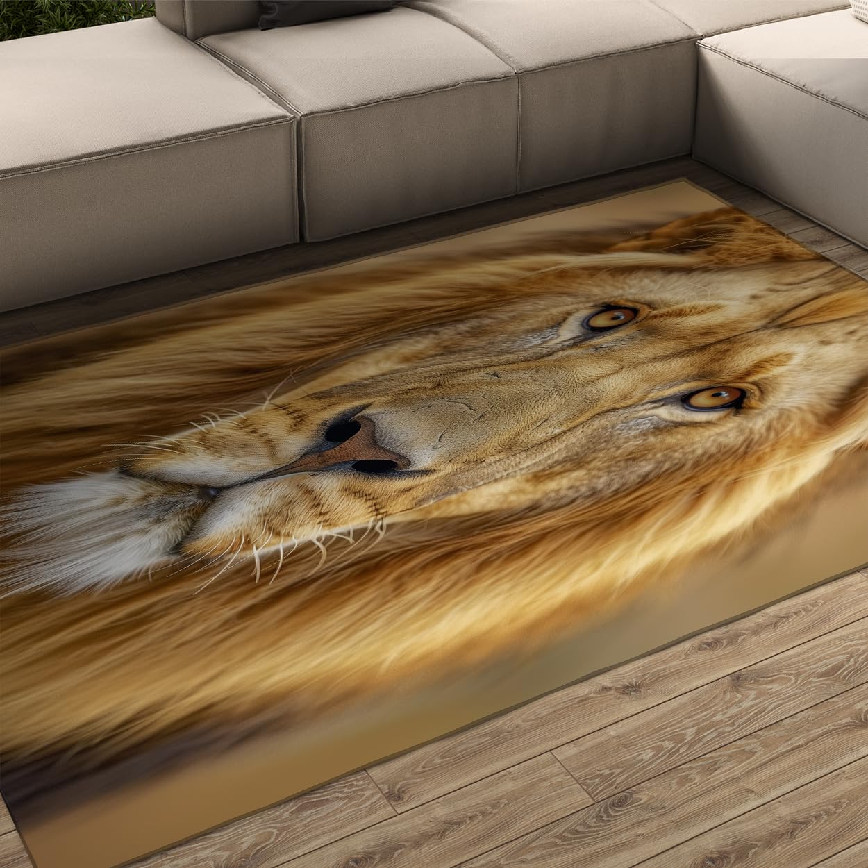 Tapis de salon lion brun doré 100x150cm moderne à poils ras lavable