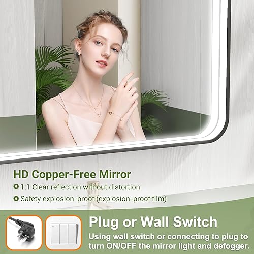 Miniatura 7 de Espejo LED de baño de 24 x 32 pulgadas con luces, espejo LED con marco de metal negro para baño, 3 colores y espejo de tocador iluminado para