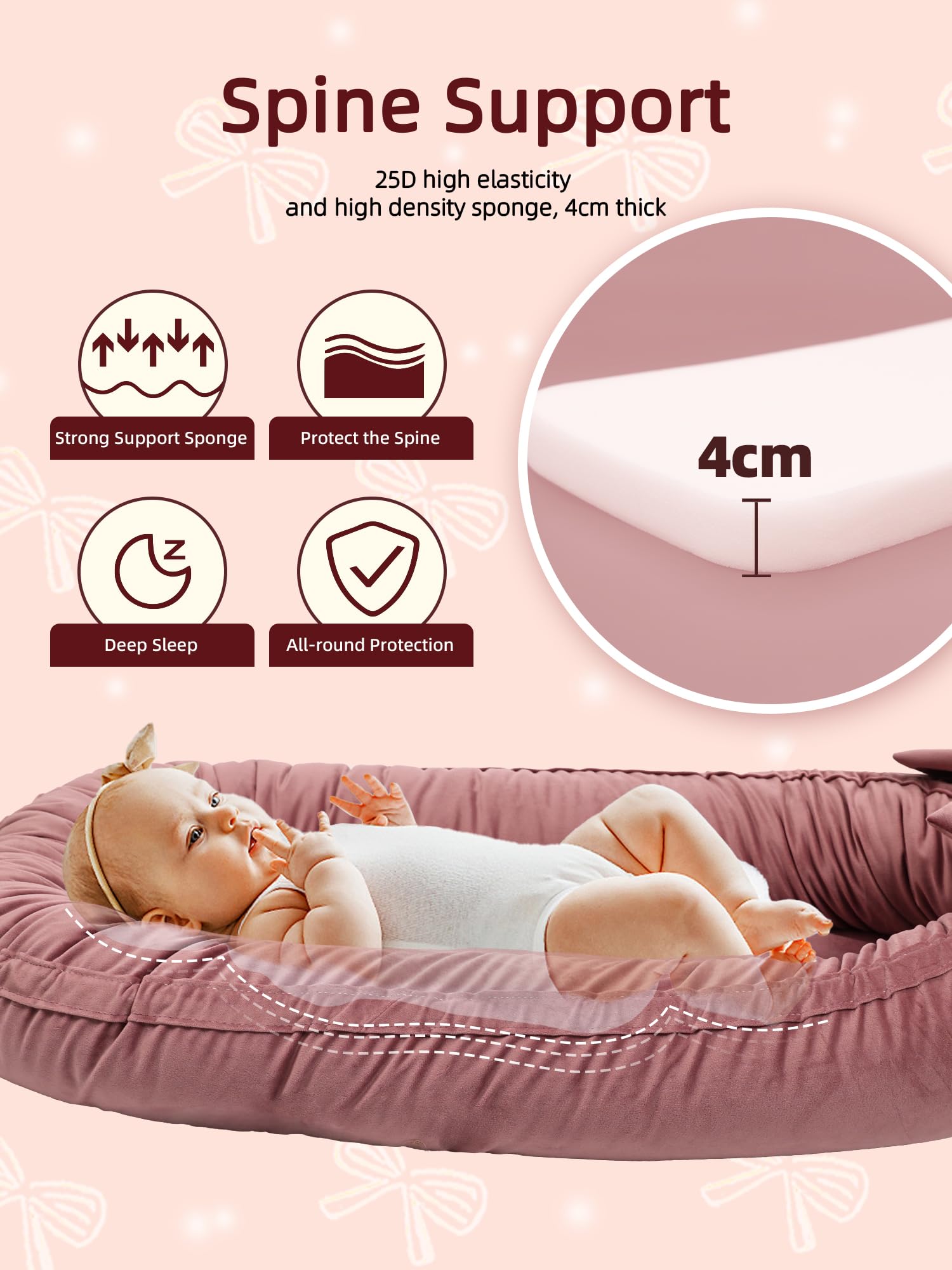 EAQ Baby Nest Pod for Newborn,Baby Sleep Pod Soft Breathable Napping or Traveling for 0-12 Months,Travel & Baby Essentials for newborn (Bean paste pink) - Image 3