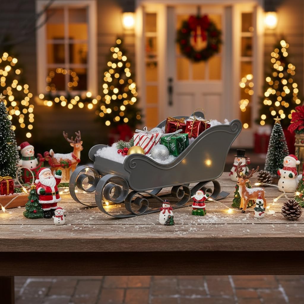 Housoutil Christmas Sleigh Desk Top Decor, Grey Christmas Santa Sleigh Decoration, Plastic X-Mas Mini Sled Ornament for Table Top
