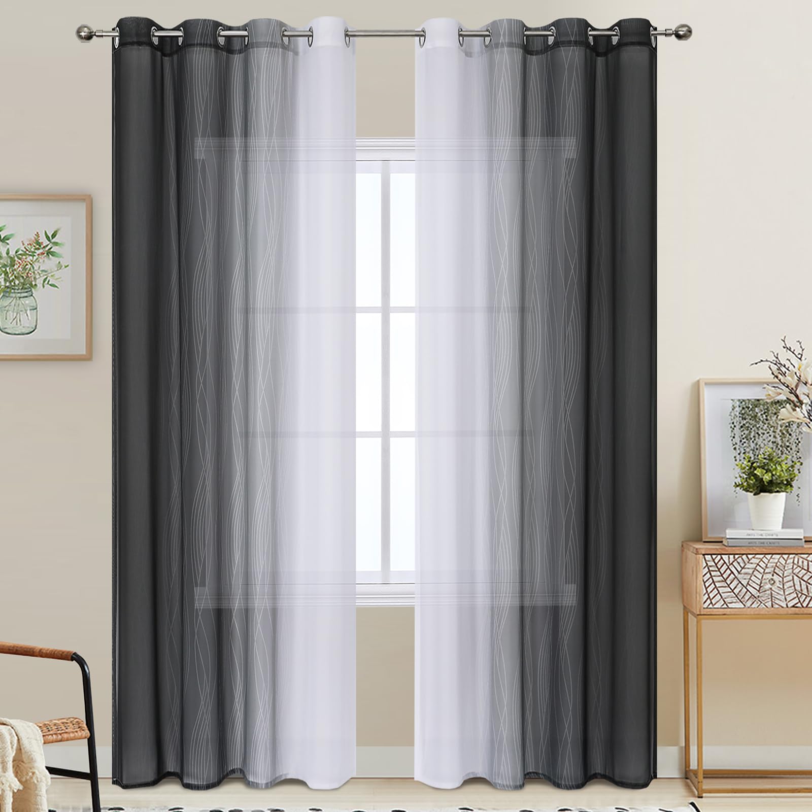 VEHEDE Ombre Window Voile Curtains for Bedroom 84 Inches Drop, Gradient Semi Sheer Curtain for Living Room with Eyelet, Black and Greyish White, W52 x L84 Inch 2 Panels