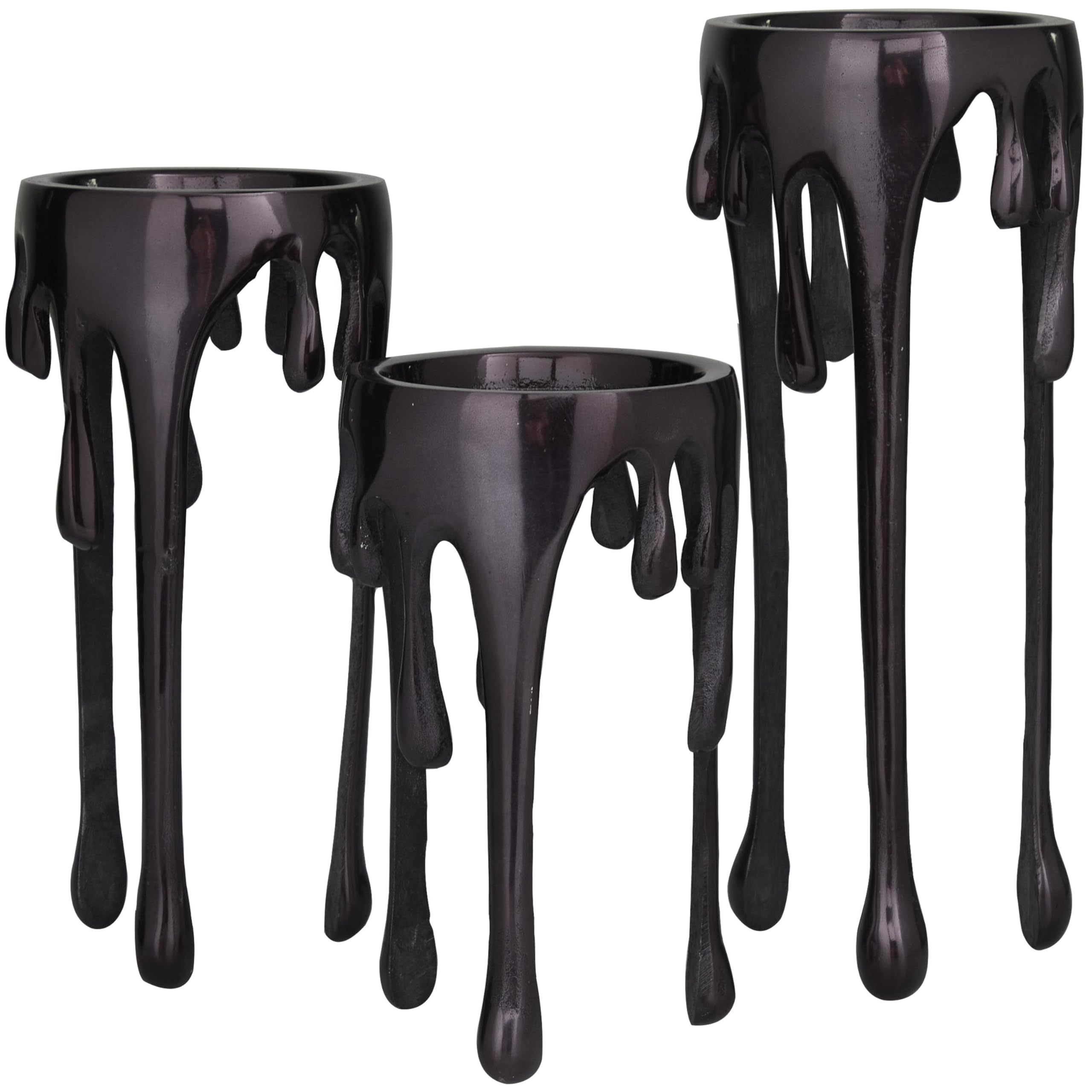 CosmoLiving by Cosmopolitan Aluminum Metal Decorative Candle Holder Pillar Candle Stand with Dripping Melting Designed Legs, Set of 3 Candlestick Holder 12", 10", 8"H,: Black