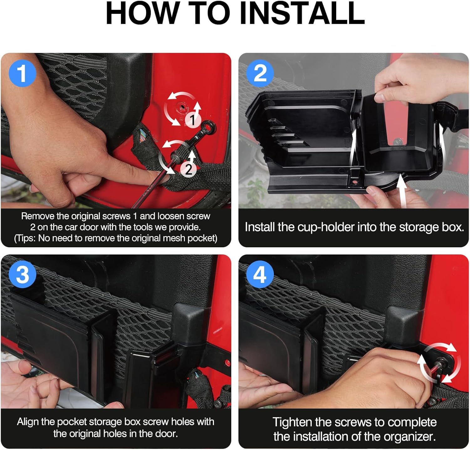 Wrangler JL JLU Front Door Pocket Storage Box: 2 Pcs - ABS Material Retractable Cup Holder Structure - Accessories for Jeep Wrangler JL JLU 4XE & Gladiator JT 2018-2026(No for Power Seat)